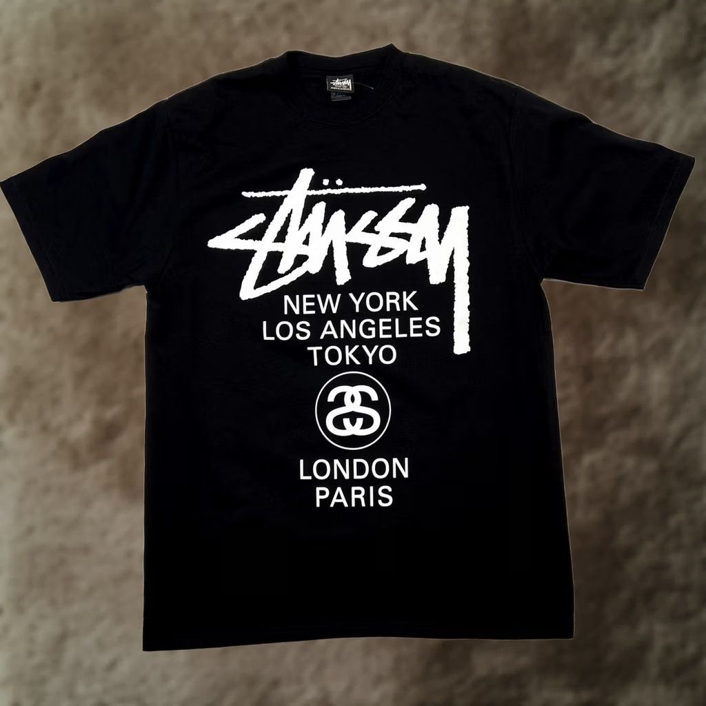Vintage VINTAGE Stussy World Tour Tee Shirt Black Mens M Size Short Sleeve Logo 2020s Graphic Print Crew Neck Size US M / EU 48-50 / 2 - 1 Thumbnail