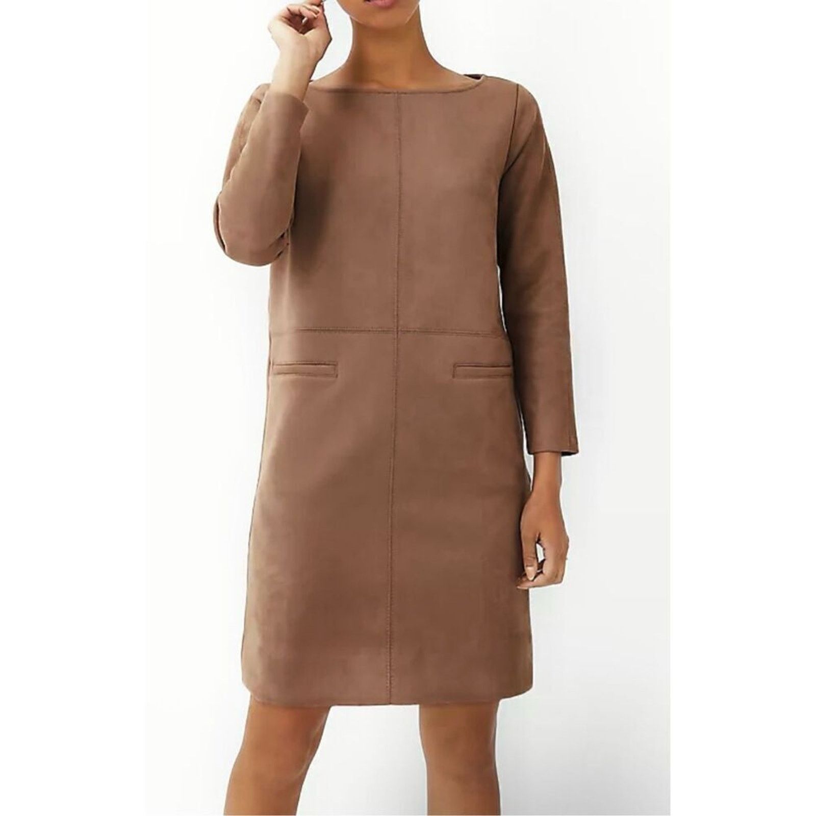 Ann Taylor Ann Taylor Seamed Faux Suede Brown Shift Dress 8P Petites Size M / US 6-8 / IT 42-44 - 2 Thumbnail