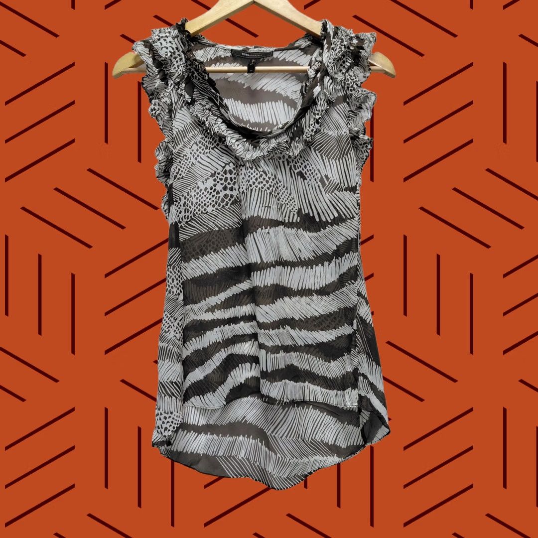 Bcbgmaxazria BCBGMAXAZRIA Blouse Sleeveless Abstract Animal Print Ruffle Trim Taupe XS Womens Top | High-Low Hem Semi-Sheer Lightweight Camisole Shirt Size XS / US 0-2 / IT 36-38 - 1 Thumbnail