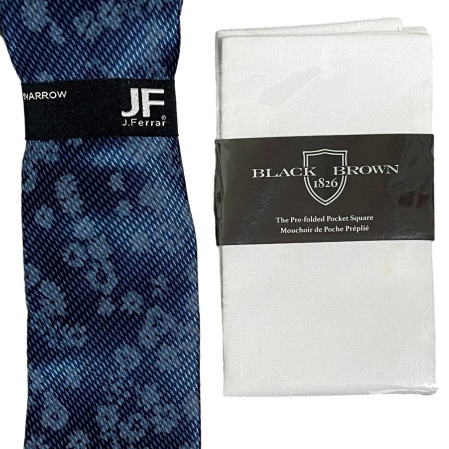J Ferrar 2pc J Ferrar Narrow Indigo Floral Stripe Tie White Pocket Sq Size ONE SIZE - 1 Thumbnail