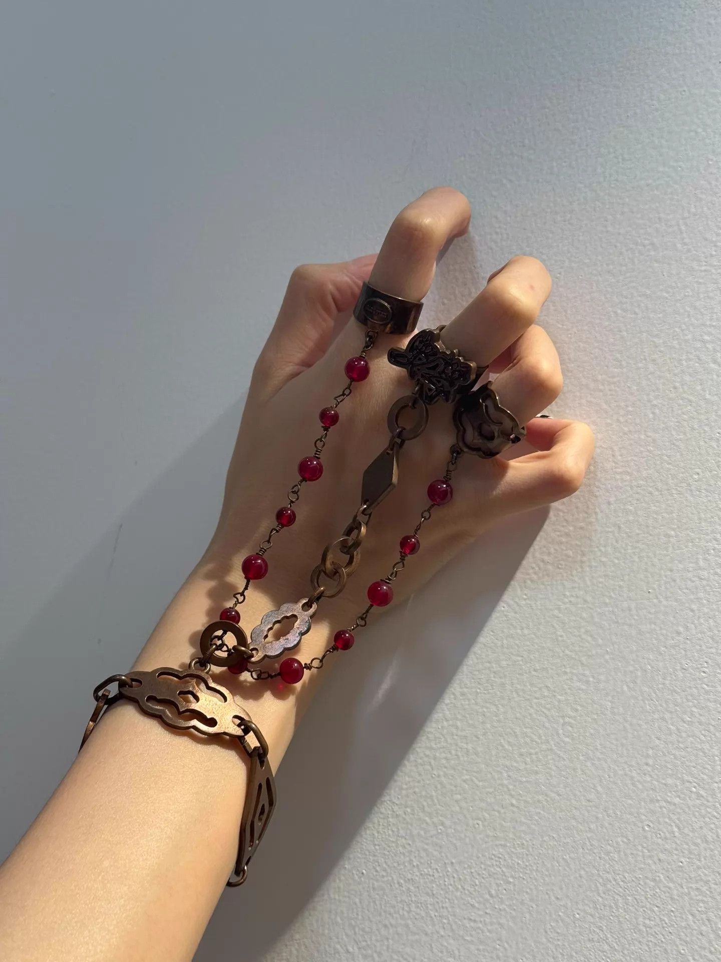Jean Paul Gaultier JPG 3-in-1 open ring 9/10 antique brass oxidized red bead Size ONE SIZE - 2 Thumbnail