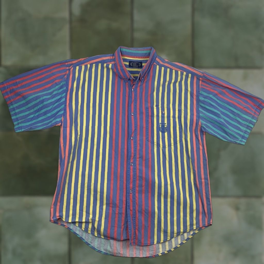 VINTAGE 955 Originals Button Up Shirt Adult XL Multicolor Striped 90s Colorful Shirt Mens