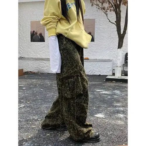 Retro leopard print paratrooper multi-pocket cargo trousers
