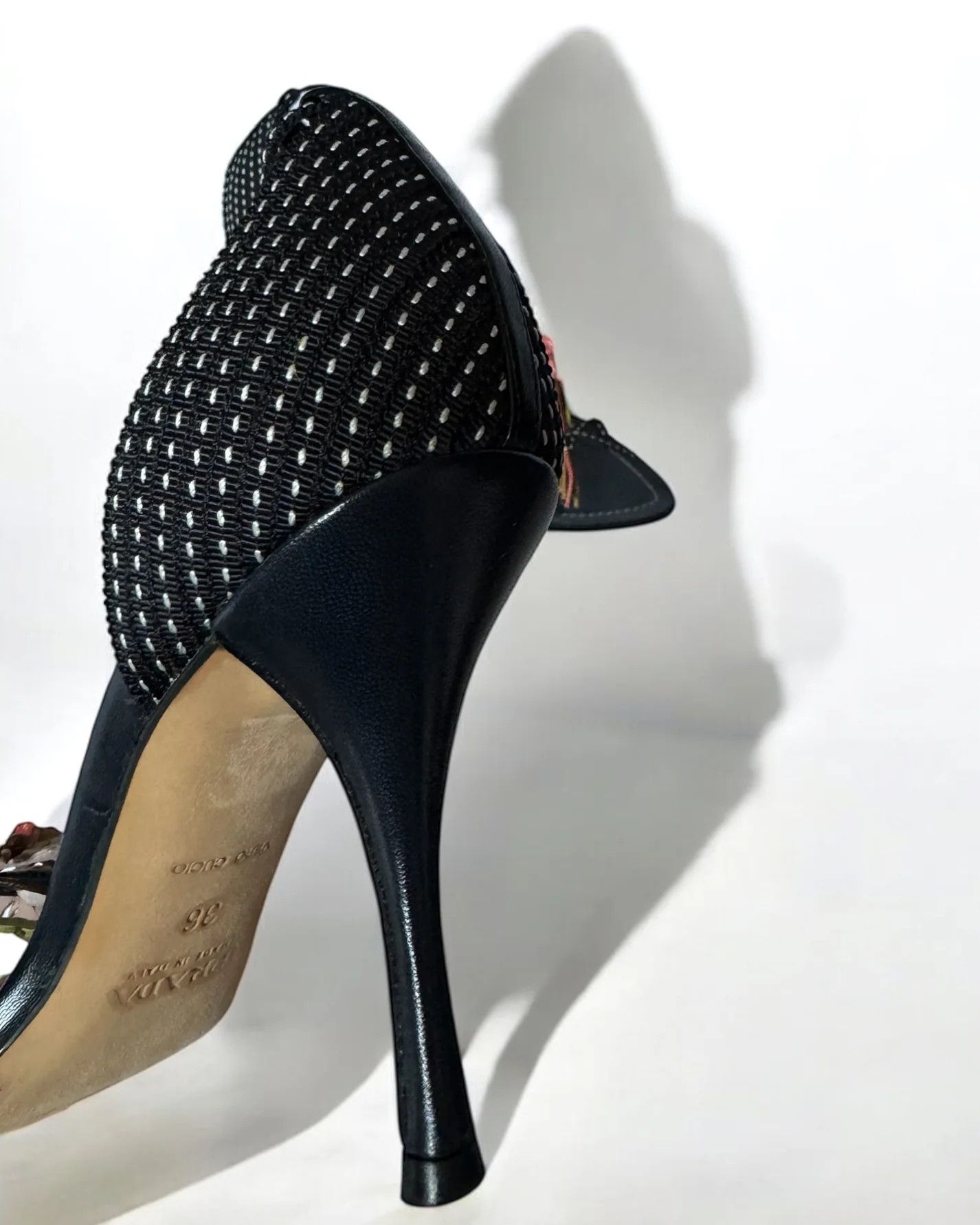Prada Prada Black Leather Flower Bouquet Heels, c. 2000s Size US 5 / IT 35 - 5 Thumbnail