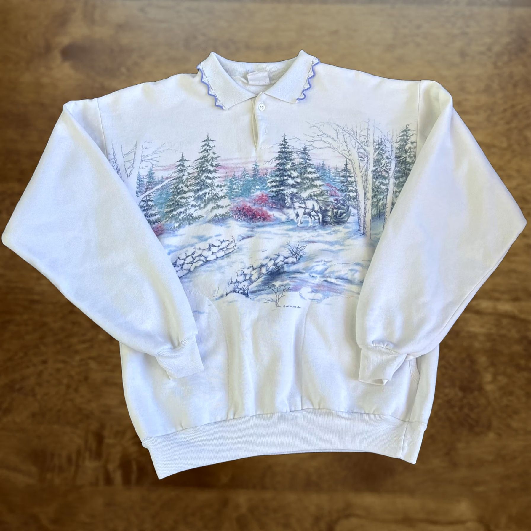Vintage VINTAGE Art Unlimited Sweatshirt Womens Medium White Winter Scene Horse 90s Size M / US 6-8 / IT 42-44 - 1 Thumbnail