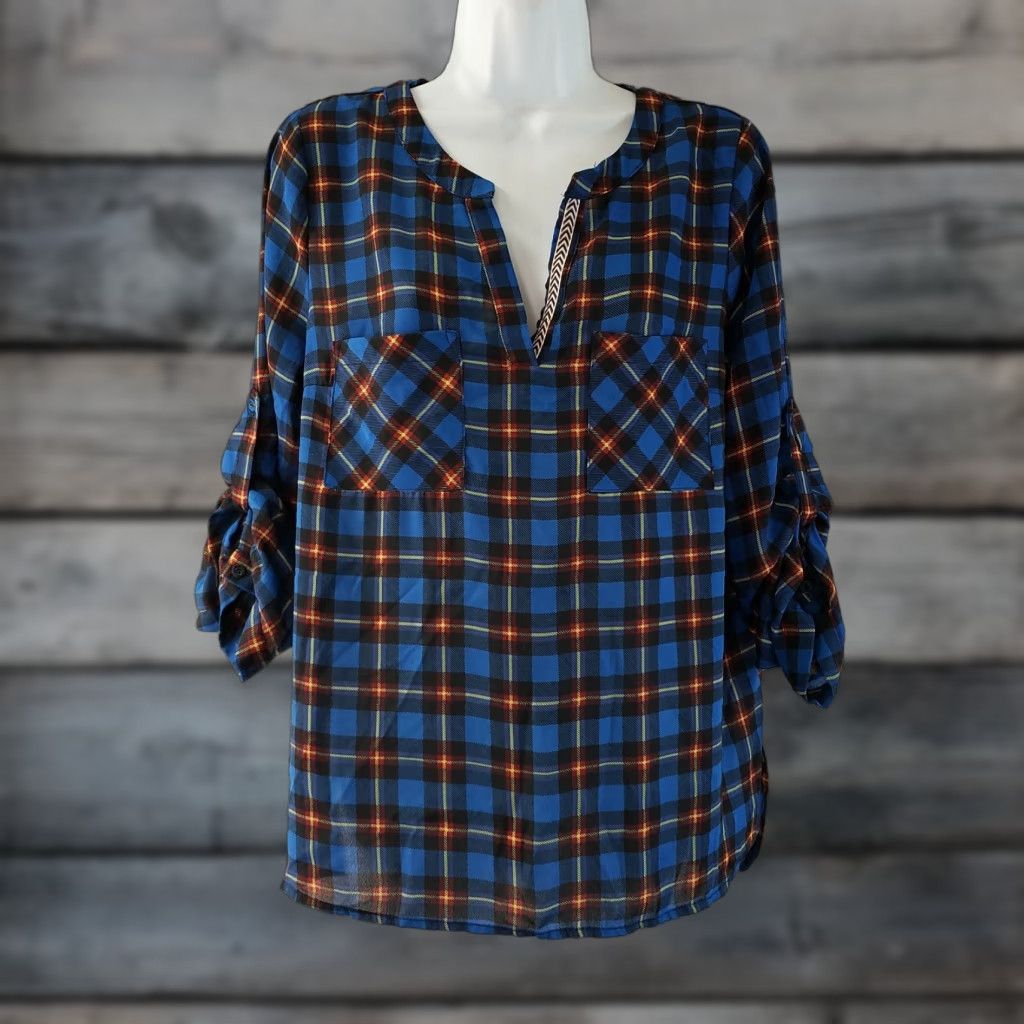 Vintage Skies Are Blue Womens Popover Blouse Sz Medium Plaid Blue Red Tabbed Sleeves Long Sleeve Casual Shirt Blouse Adult M Regular Polyester Size M / US 6-8 / IT 42-44 - 1 Thumbnail
