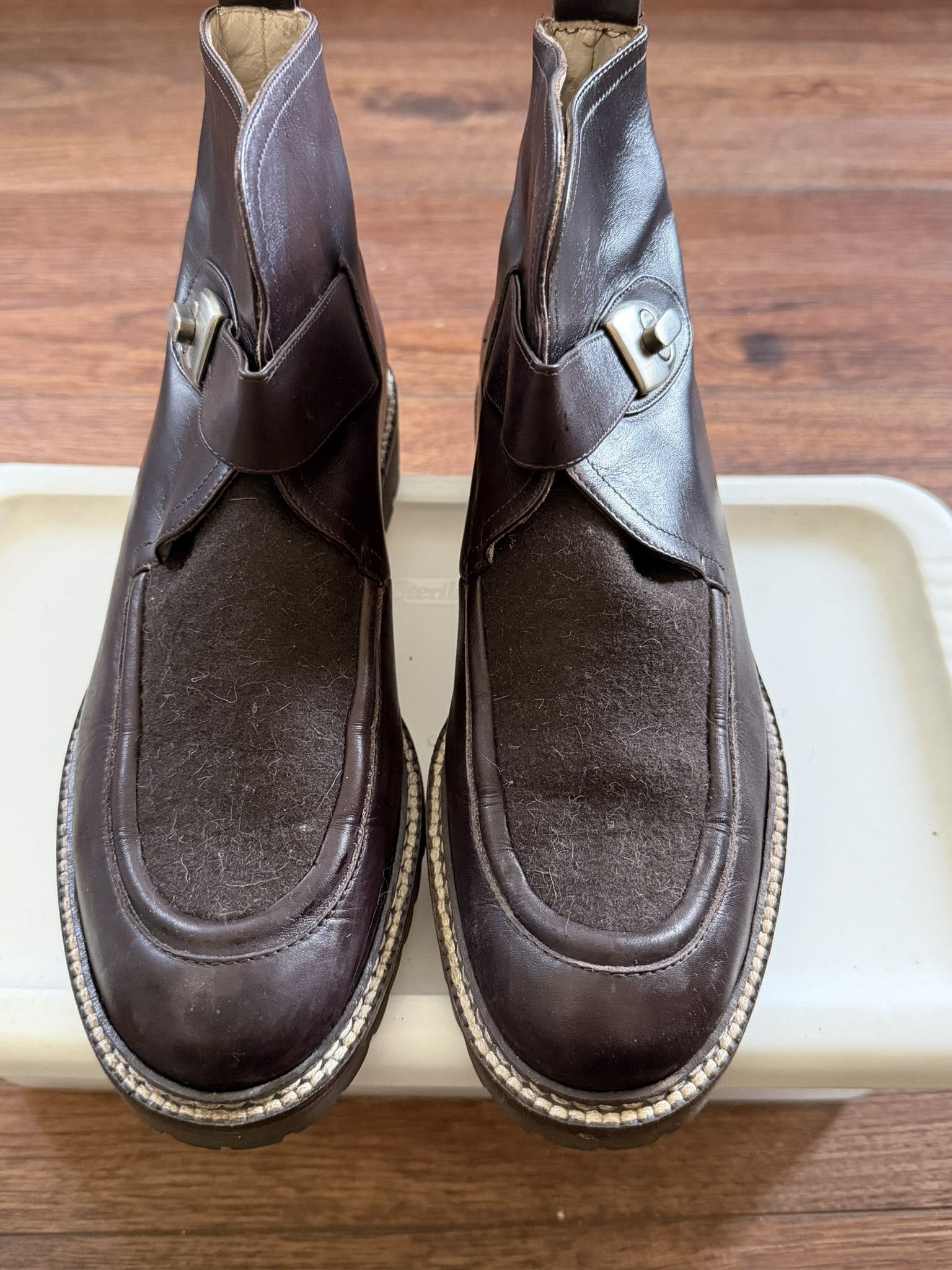 Other Via Spiga Brown Leather Felt Ankle Boots Lug Sole Buckle Size US 7 / IT 37 - 2 Thumbnail