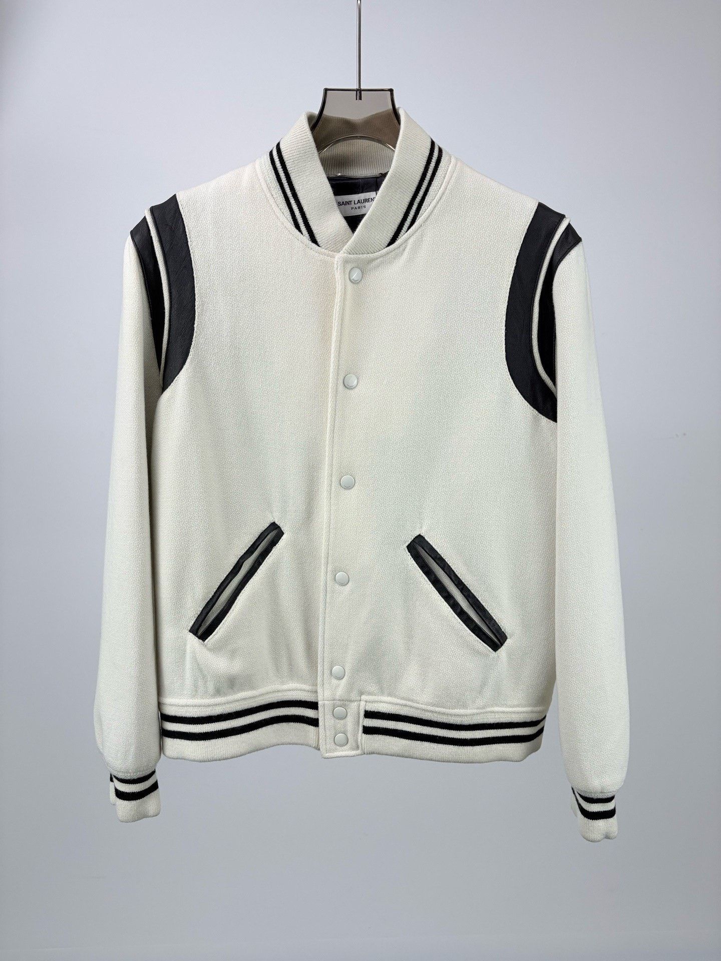 Saint Laurent Paris Saint Laurent White Leather-Sleeve Baseball Jacket Size US M / EU 48-50 / 2 - 1 Thumbnail