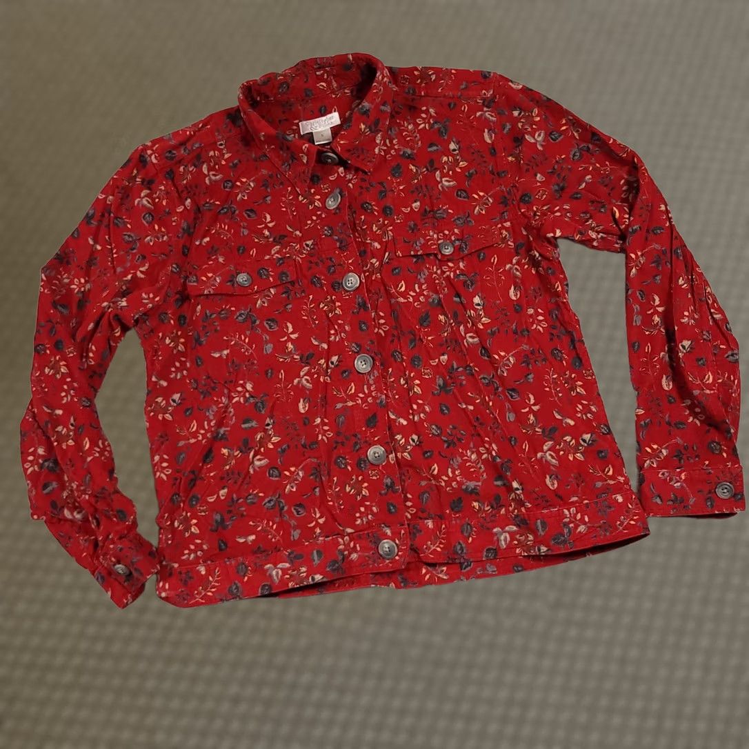 Vintage Christopher & Banks Corduroy Jacket Women’s Small Red Floral Crop Jacket Size S / US 4 / IT 40 - 1 Thumbnail