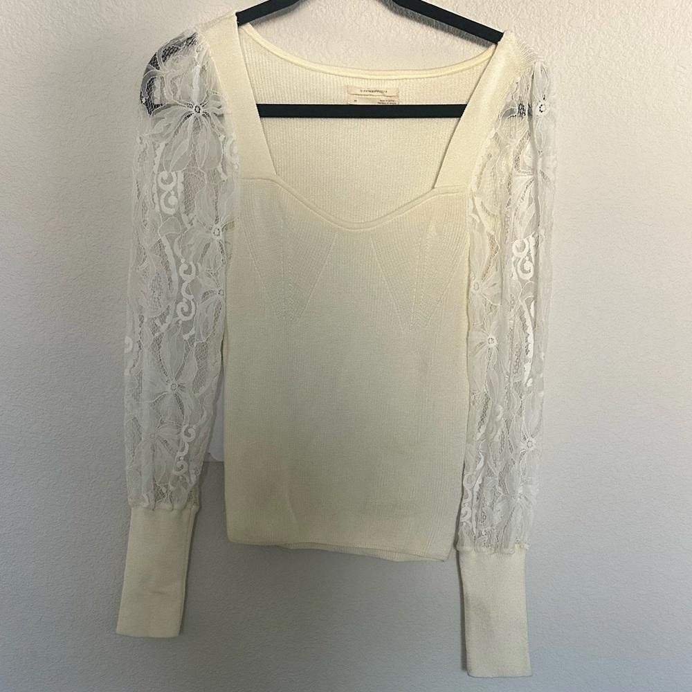 Designer Anthropologie Lace Balloon Sleeve Ribbed Sweater Ivory XS Size XS / US 0-2 / IT 36-38 - 3 Thumbnail