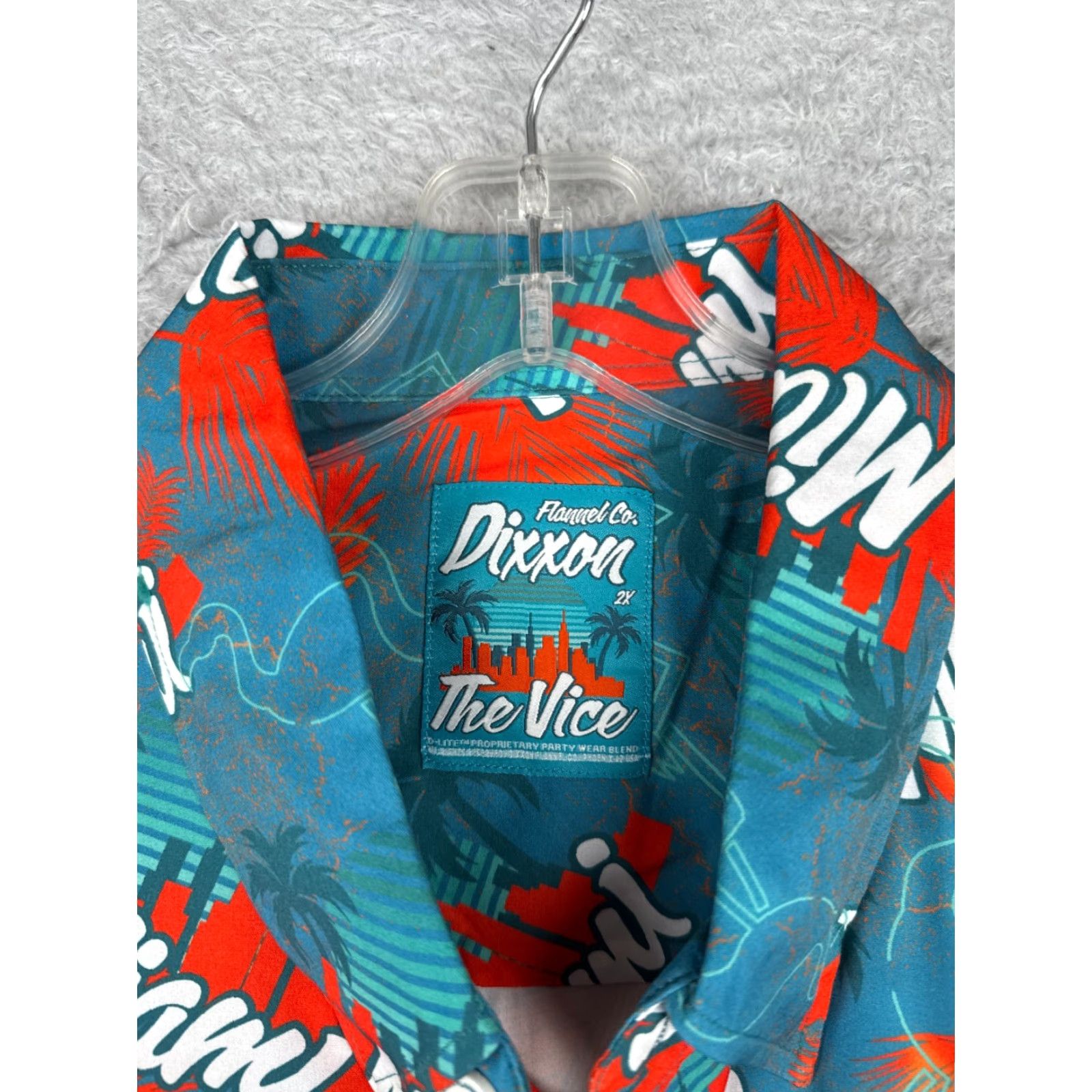 Vintage Dixxon Shirt Men 2XL XXL Red Blue Party Shirt The Vice Miami Flamingo Polyester Button-Up Floral Short Sleeve Hawaiian 90s Casual Mens Size US XXL / EU 58 / 5 - 7 Thumbnail