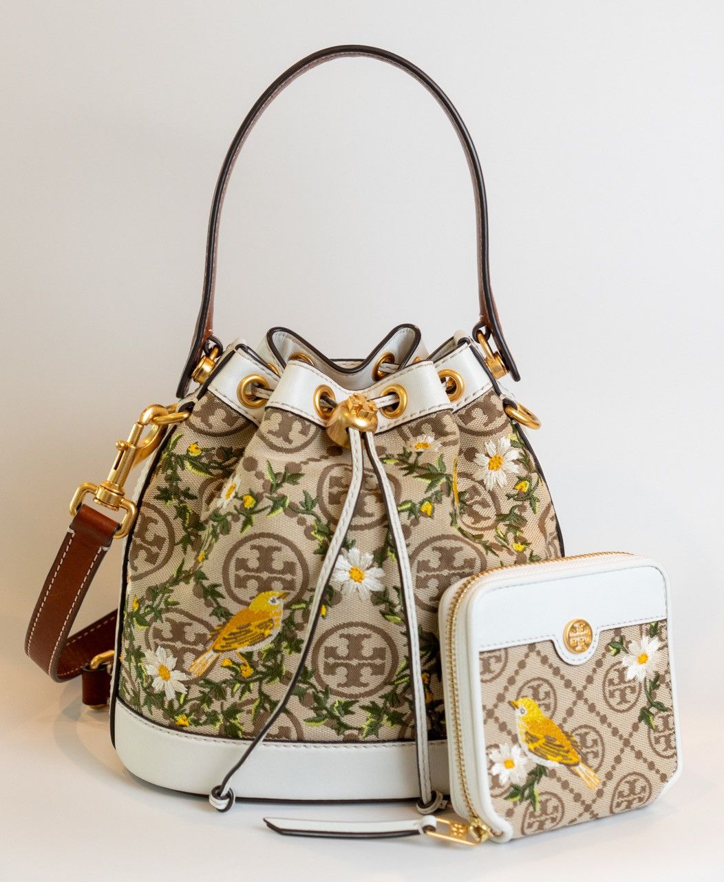 Tory Burch T Monogram Embroidered Jacquard & Leather Bucket Bag Size ONE SIZE - 1 Thumbnail