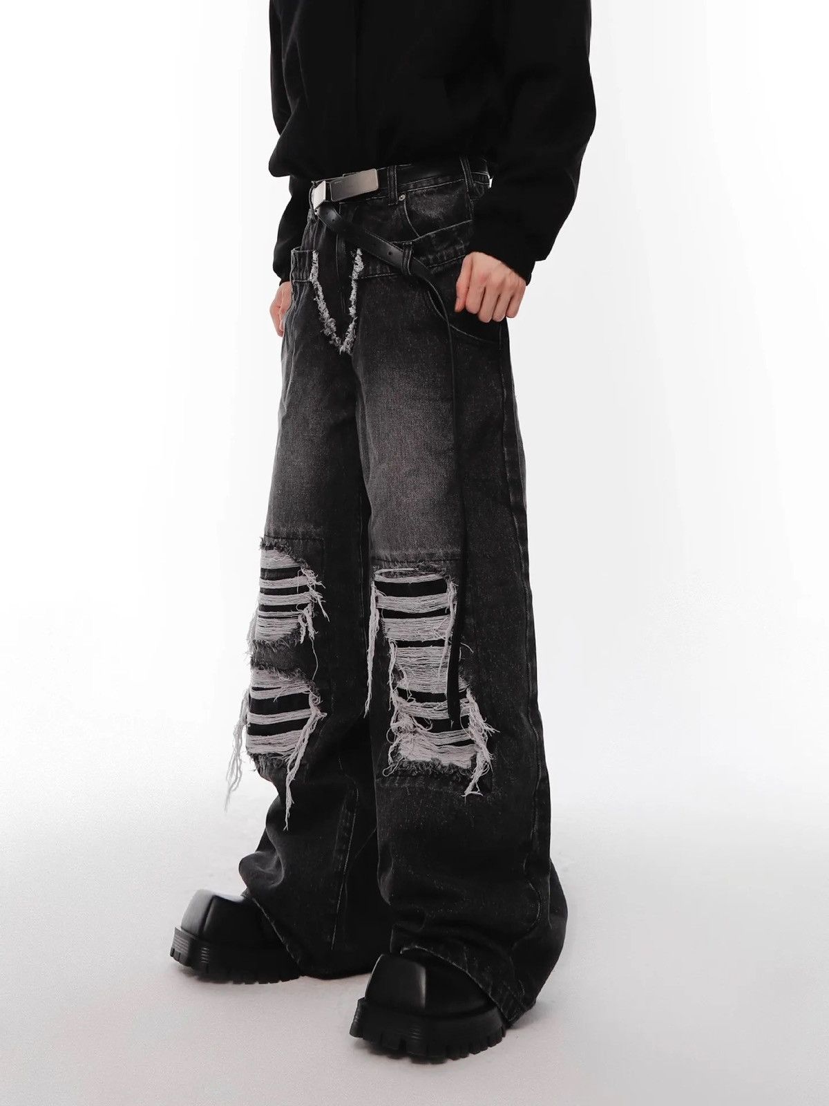 Japanese Brand × Vintage Retro punk distressed ripped jeans hole pants y2k Size US 33 - 4 Thumbnail