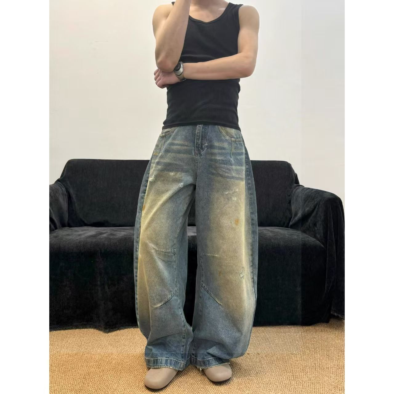 Vintage Blue Washed Distressed Paint-Splattered Jeans Size US 32 / EU 48 - 2 Thumbnail
