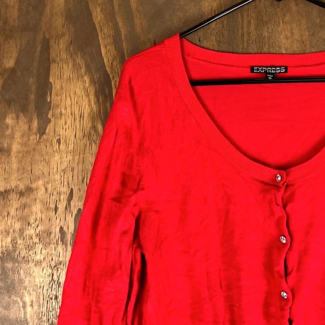 Express Express Womens Cardigan Sweater Red Diamond Button Front Long Sleeve Stretch XL Cardigan Knit Solid Crew Neck Women’s - Casual Workwear Size XL / US 12-14 / IT 48-50 - 4 Thumbnail