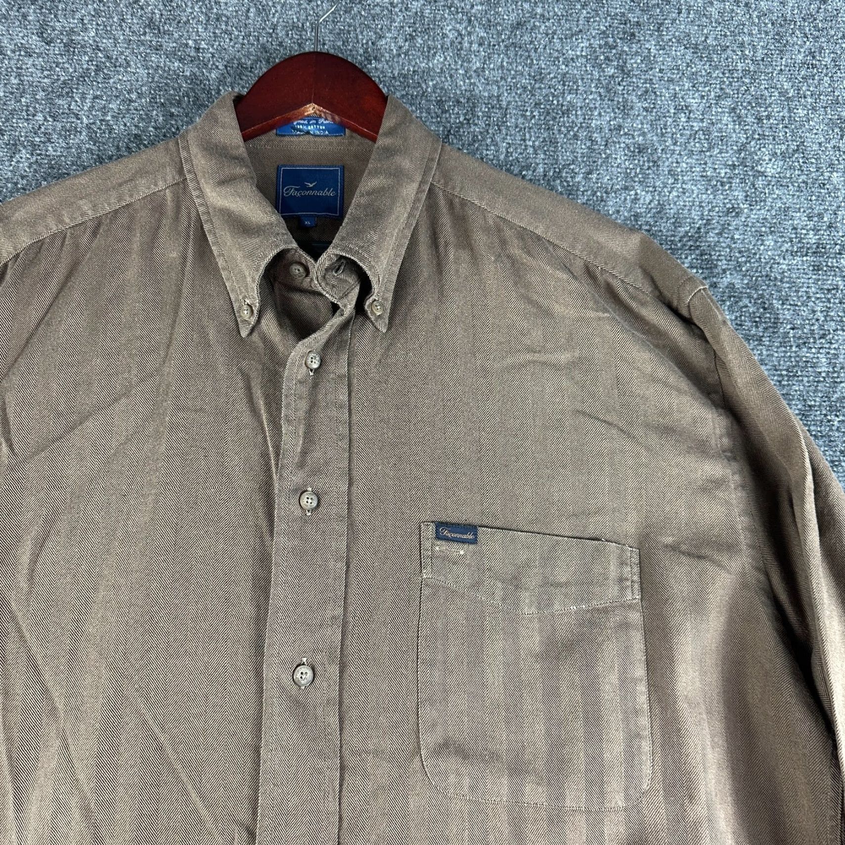 Faconnable Faconnable Shirt Mens XL Brown Cotton Button-Down Pocket Logo Size US XL / EU 56 / 4 - 3 Thumbnail