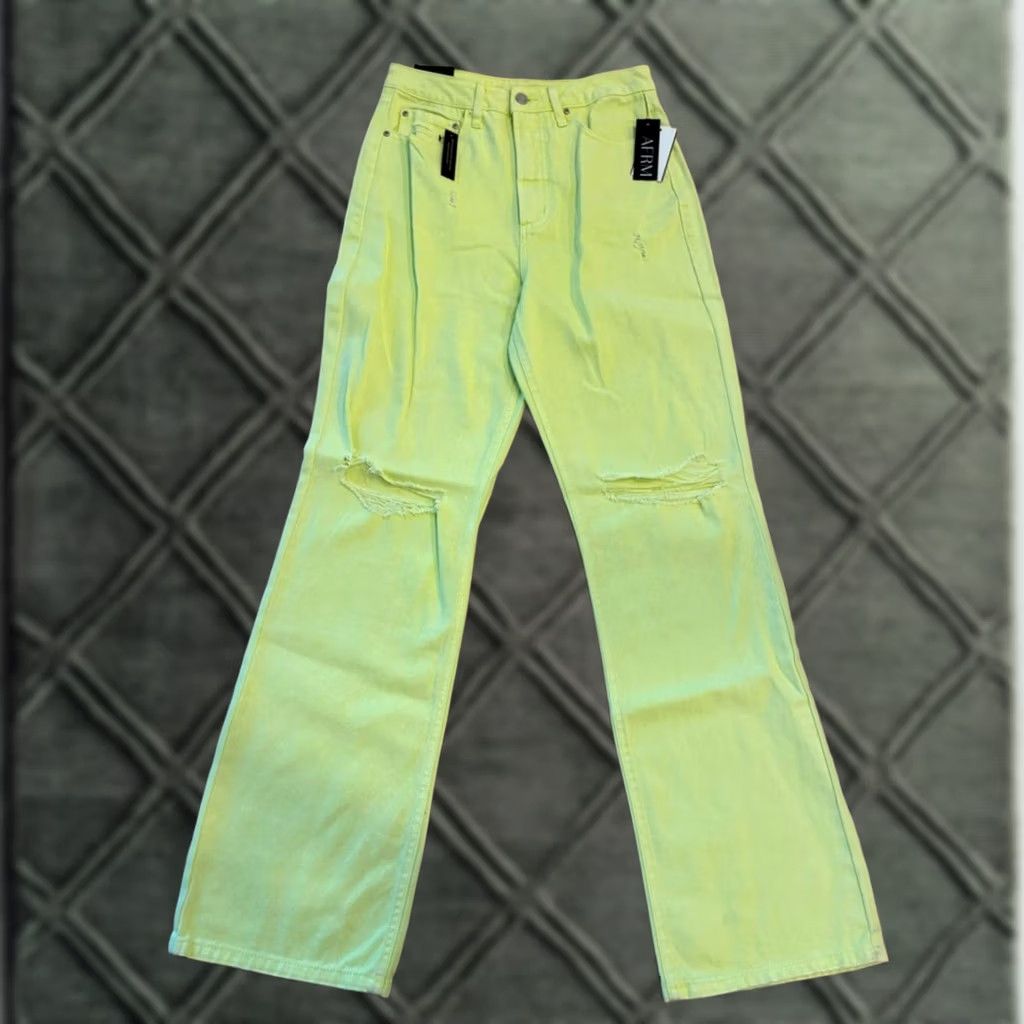 Vintage NWT AFRM Women’s Oden High Rise Wide Leg Distressed Jean Neon Yellow Size 29 Size 29" - 1 Thumbnail