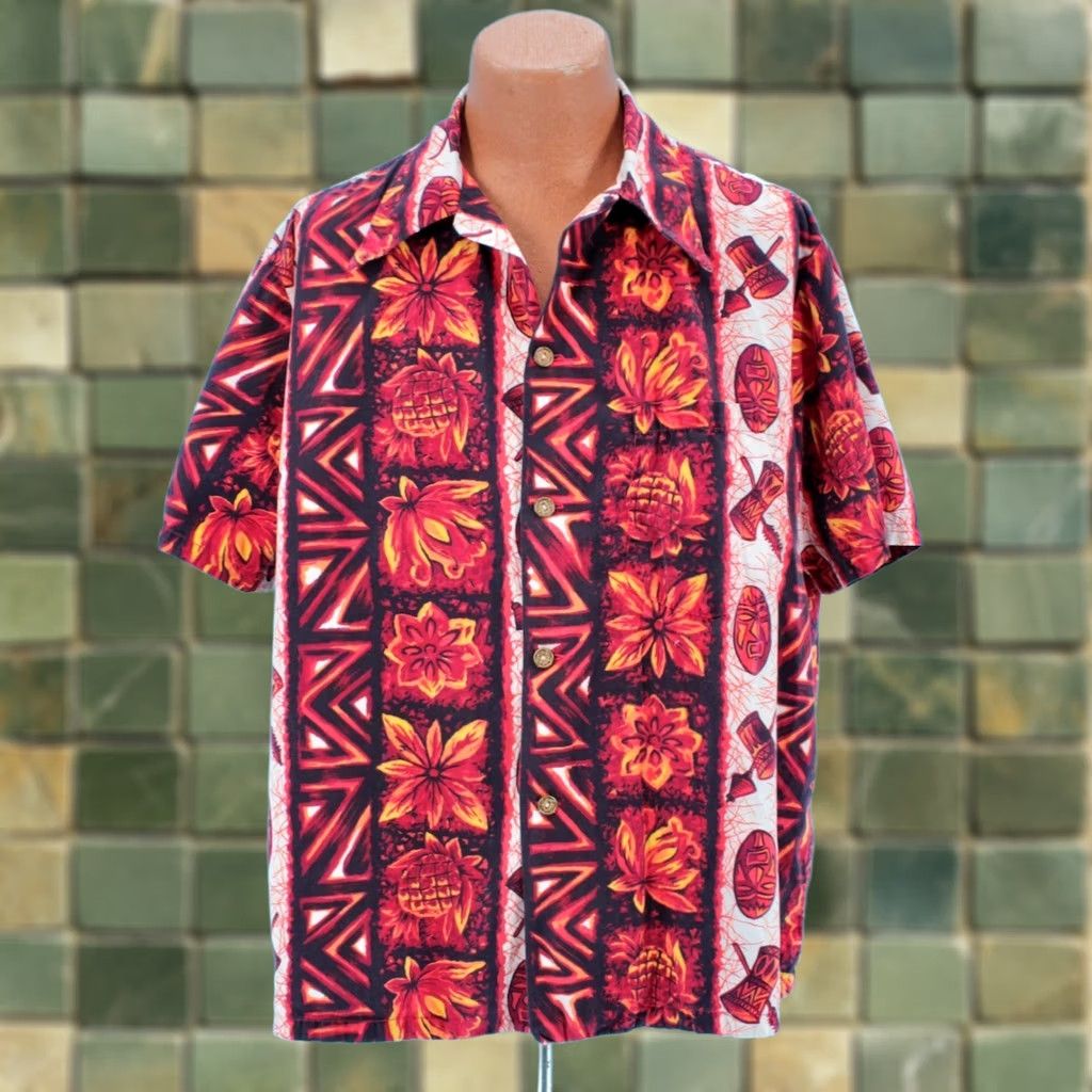 Vintage Ui-Maikai Vintage 60s Hawaiian Shirt XL Cotton Orange Red Tiki Print Short Sleeve Men's Size US XL / EU 56 / 4 - 1 Thumbnail
