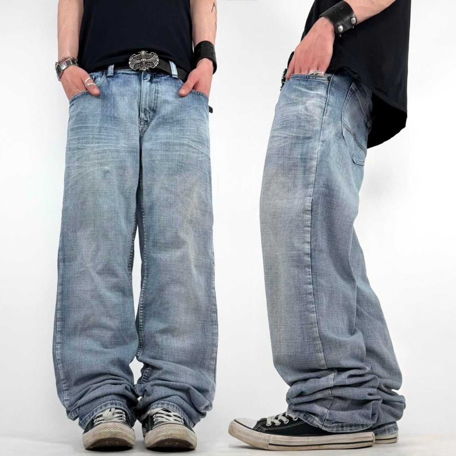 Vintage y2k rare faded washed baggy wide embroidered jeans