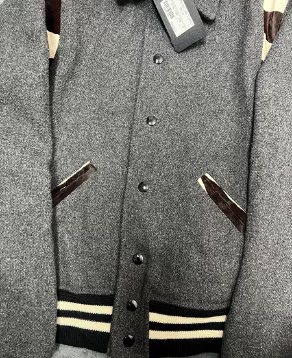 Saint Laurent Paris × Yves Saint Laurent Saint Laurent Pattern Grey Wool Teddy Baseball Jacket Size US S / EU 44-46 / 1 - 3 Thumbnail