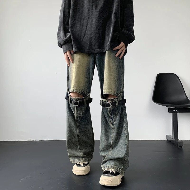image of Distressed Denim x Jean Belt Hollow Flare Jeans in Vintage Blue, Men's (Size 33)