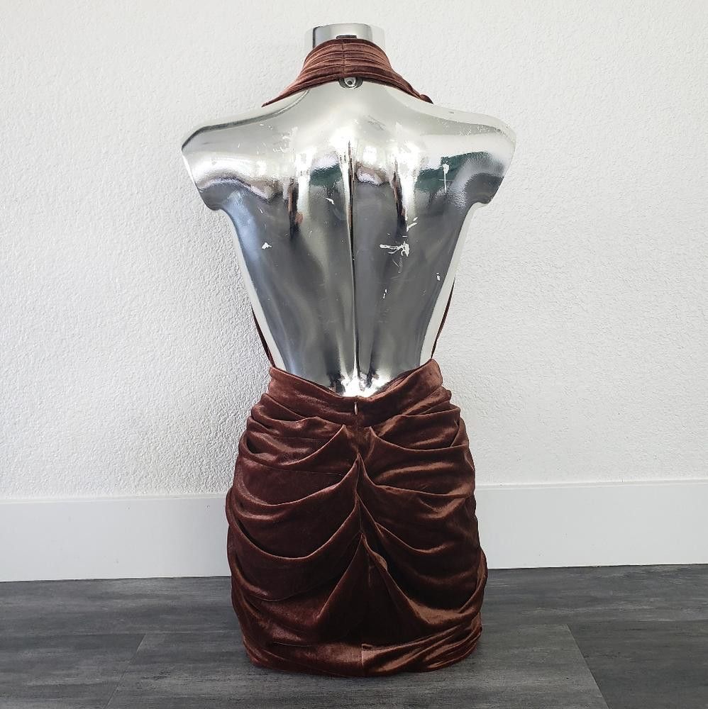Designer Chocolate Velvet Classic Ruched Halter Midi Size S / US 4 / IT 40 - 3 Thumbnail