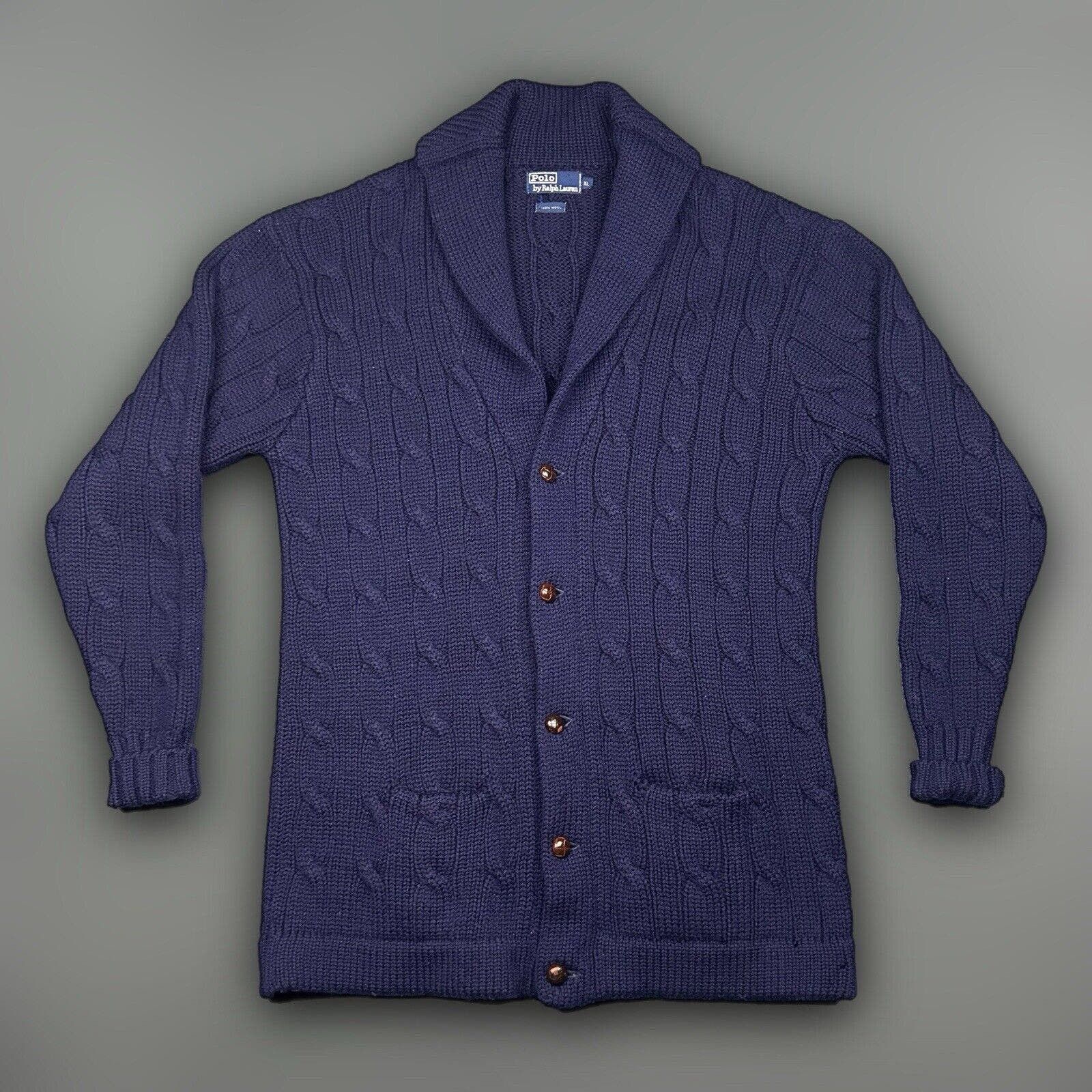 image of VTG Polo Ralph Laurent Fisherman Shawl Cardigan Sweater Navy in Blue, Men's (Size XL)