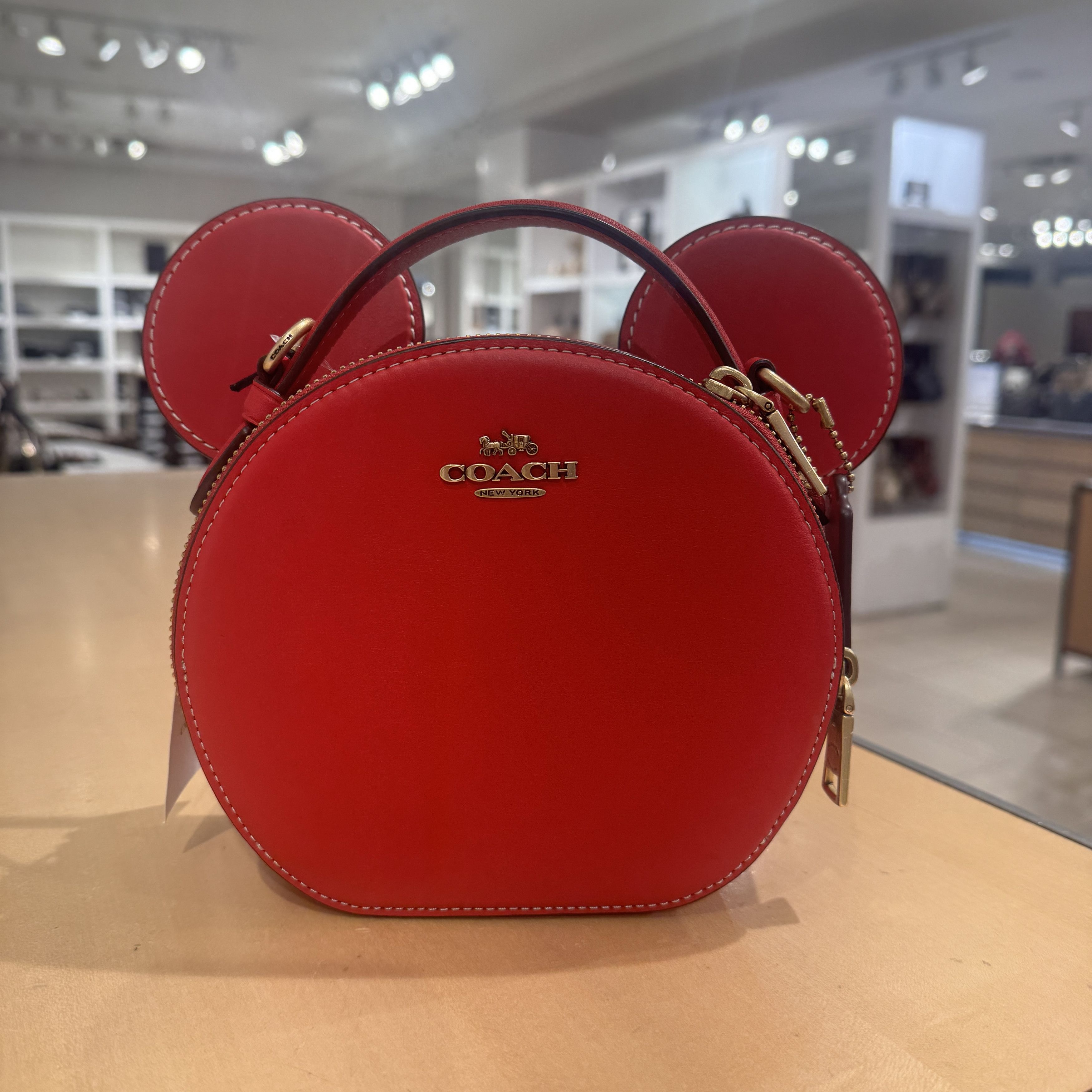 image of Coach Mickey Mouse Ear Bag Cm194 in Brass/Electric Red, Women's