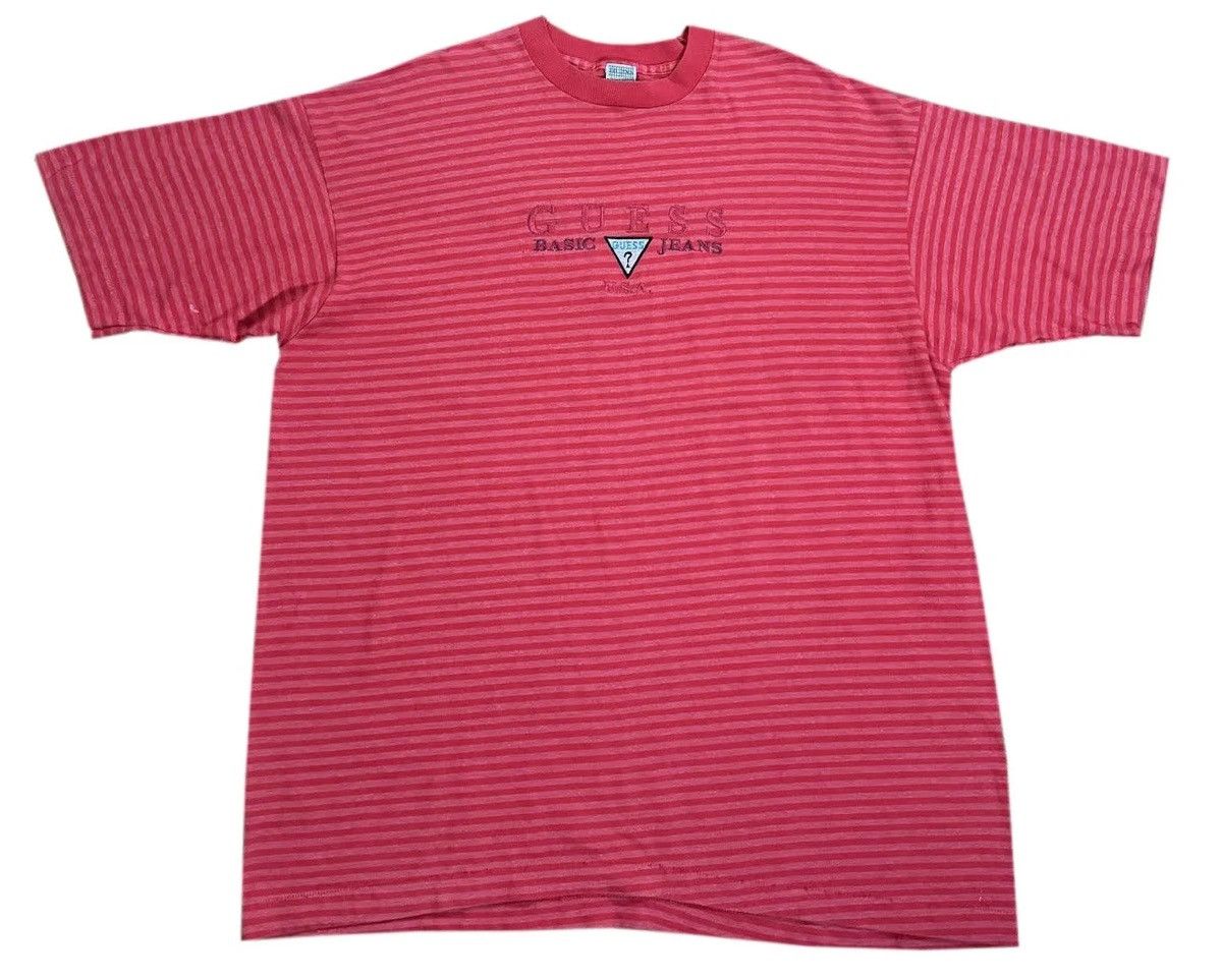 Guess Vintage Guess Basic Jeans Red Striped T Shirt (Size XL) Size US XL / EU 56 / 4 - 1 Thumbnail