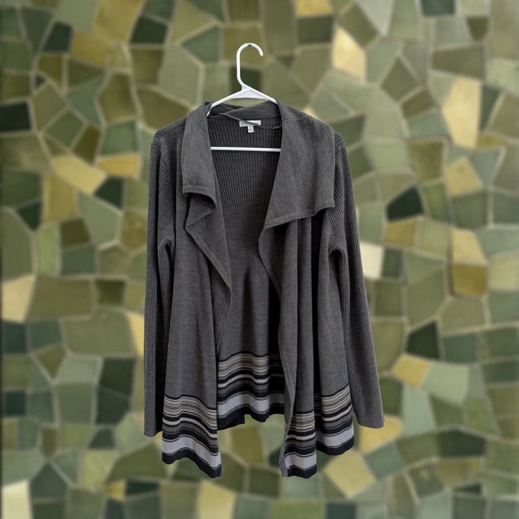 Barrow Croft and Barrow Womens Cardi Size Large Gray Bottom Striped Ribbed Open Front Cardigan Knit Sweater All Seasons Regular Size 36" / US 14 / IT 50 - 1 Thumbnail