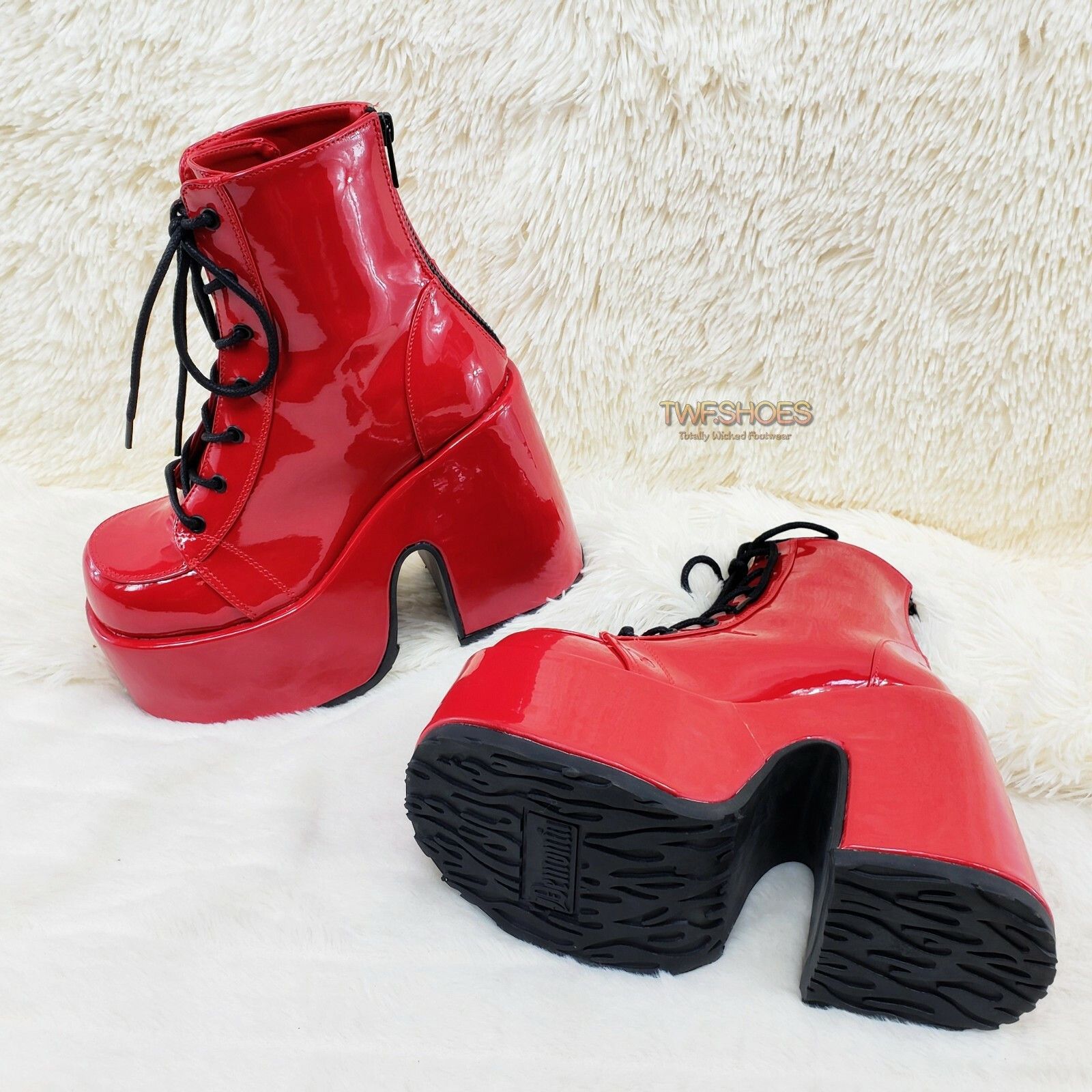 Demonia Cult DEMONIA Camel 203 Stacked Red Patent Platform Goth Punk Ankl Size US 7 / IT 37 - 4 Thumbnail