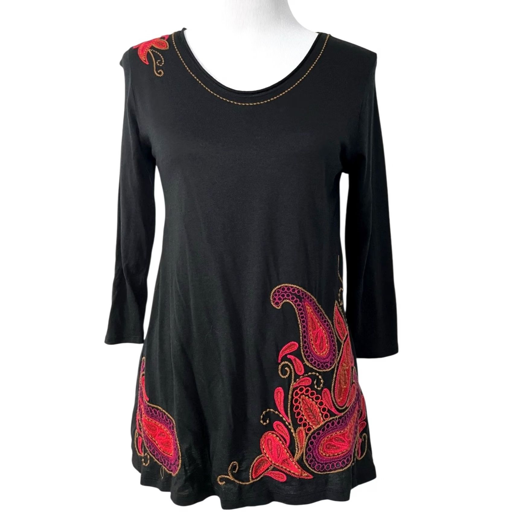J. Jill VINTAGE J. Jill Embroidered Paisley Tunic Top Blouse Black 3/4 Sleeve XS Womens Tunic Blouse Paisley Embroidered Knit Cotton Modal Size XS / US 0-2 / IT 36-38 - 2 Thumbnail
