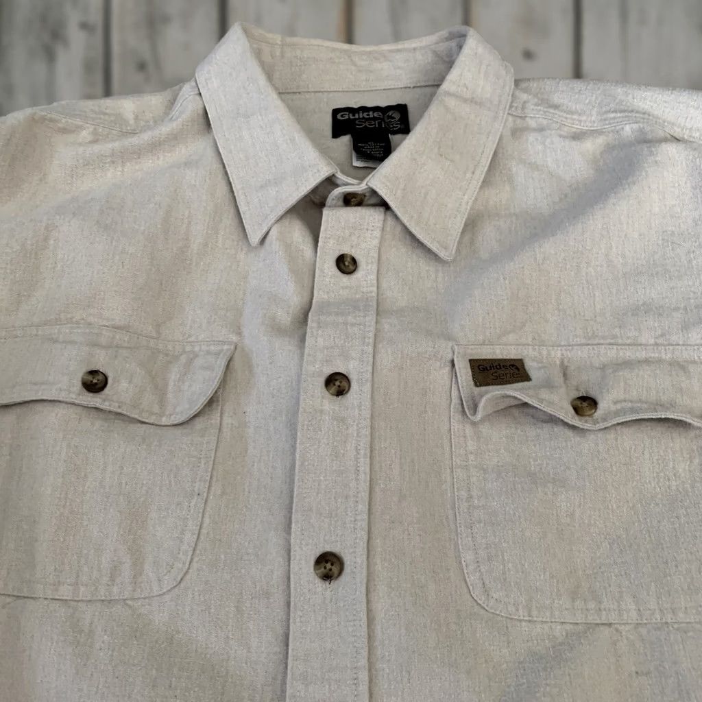 Vintage Guide Series Chamois Shirt Mens XL Long Sleeve Button-Up Beige 100% Cotton Outdoor Casual Pocketed Breathing Easy Care 3-Pocket Shirt Mens XL Beige Size US XL / EU 56 / 4 - 1 Thumbnail
