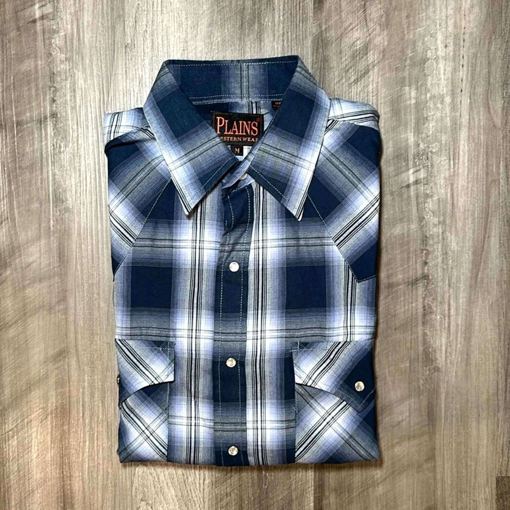 Vintage Plains Long Sleeve Pearl Snap Button-Up Shirt Medium Mens Blue Navy Plaid 65/35 Polyester/Cotton Regular Sleeve Size US M / EU 48-50 / 2 - 2 Thumbnail