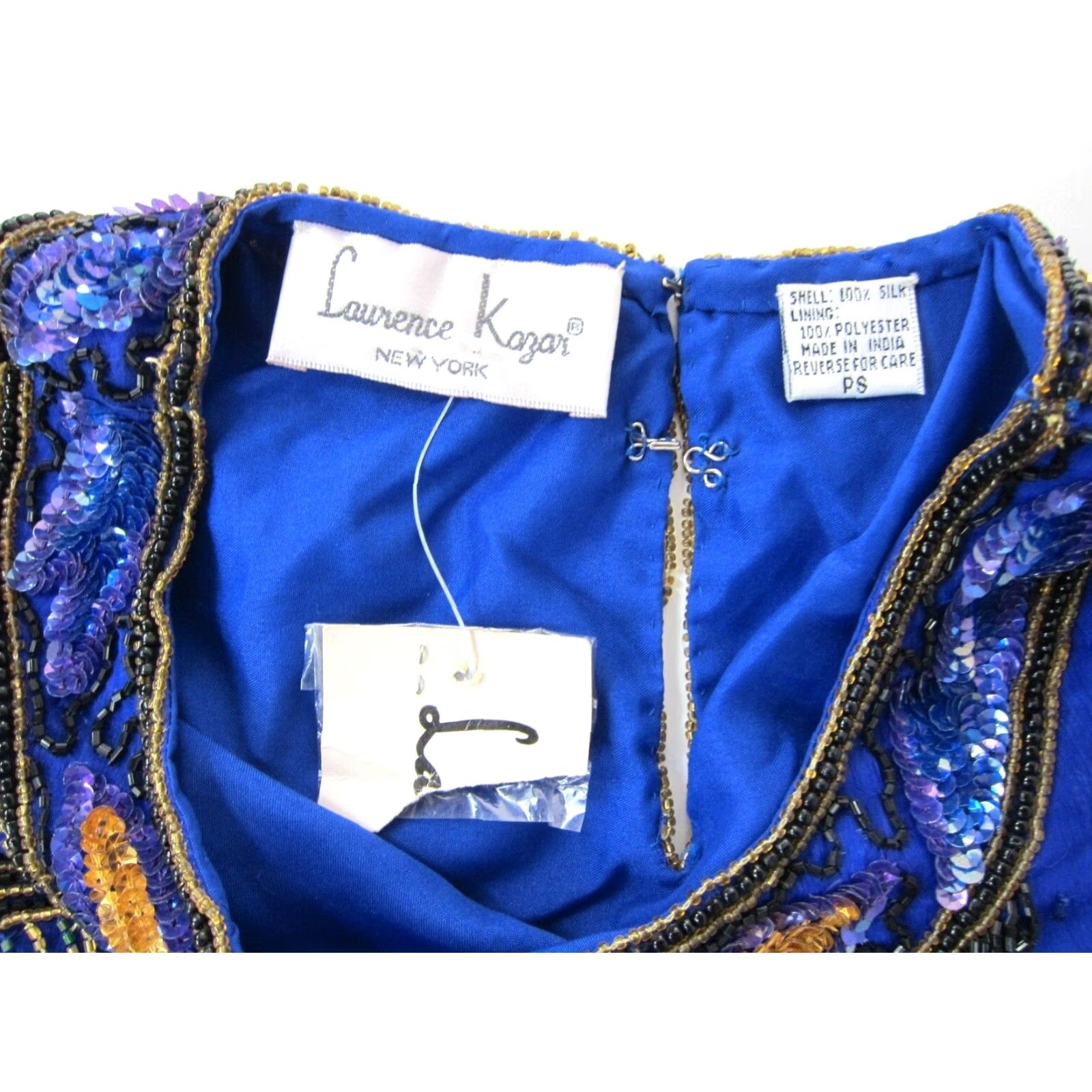Vintage NWT Laurence Kazar 100% Silk Blue Gold Beaded Sequin Short Sleeve Blouse PS Size S / US 4 / IT 40 - 3 Thumbnail