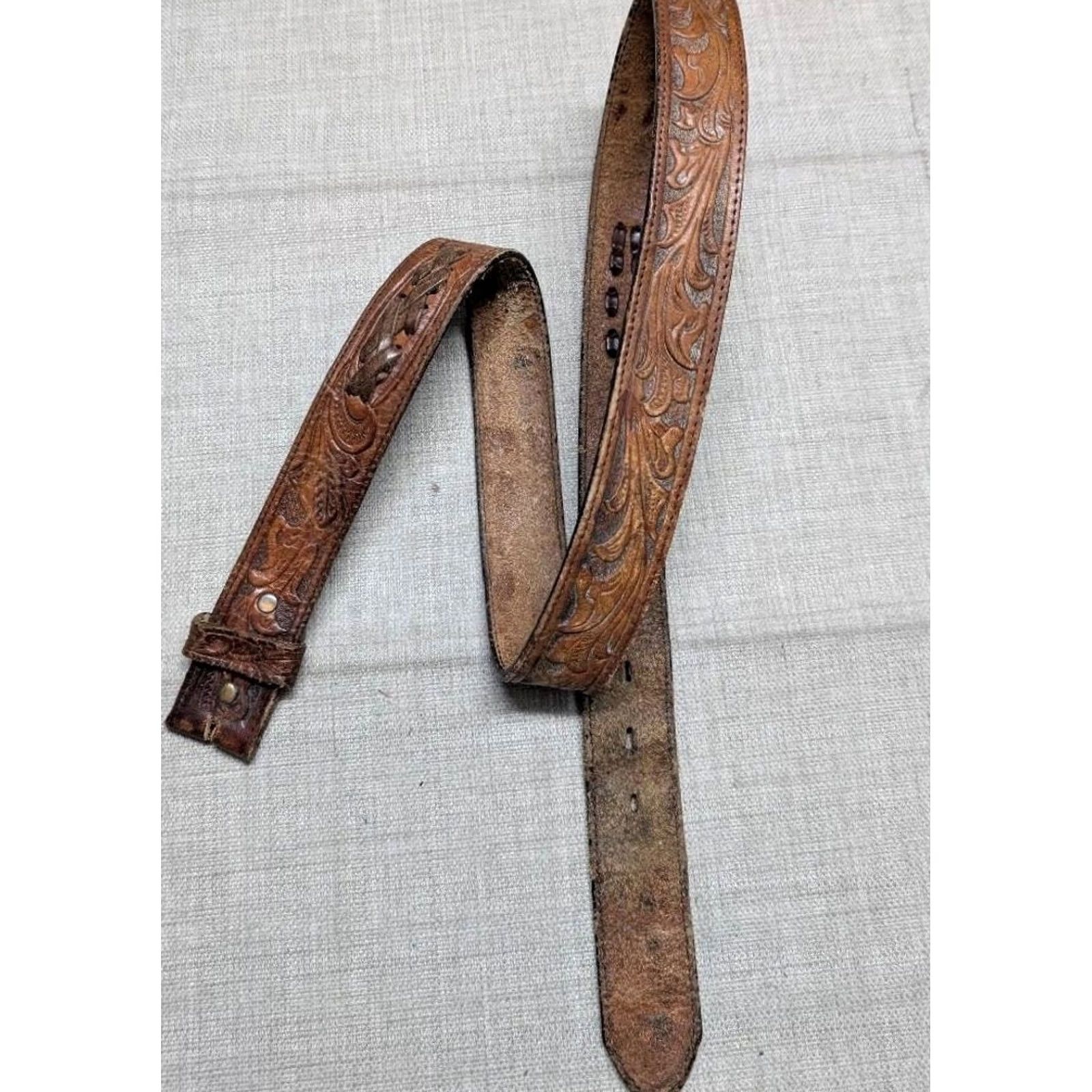 Vintage VINTAGE Silver Creek belt western belt Tooled cowhide leather 42 brown USA Made 42/43 Buckle Western Mens Size 42 - 3 Thumbnail