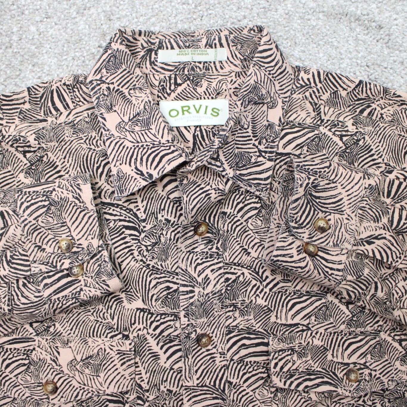 Orvis Orvis Shirt Mens Large Beige/Black Geometric 100% Cotton Long Sleeve Button-Up Shirt Mens L Geometric Pattern Fall Spring Summer Winter Vintage: No Size US L / EU 52-54 / 3 - 2 Thumbnail