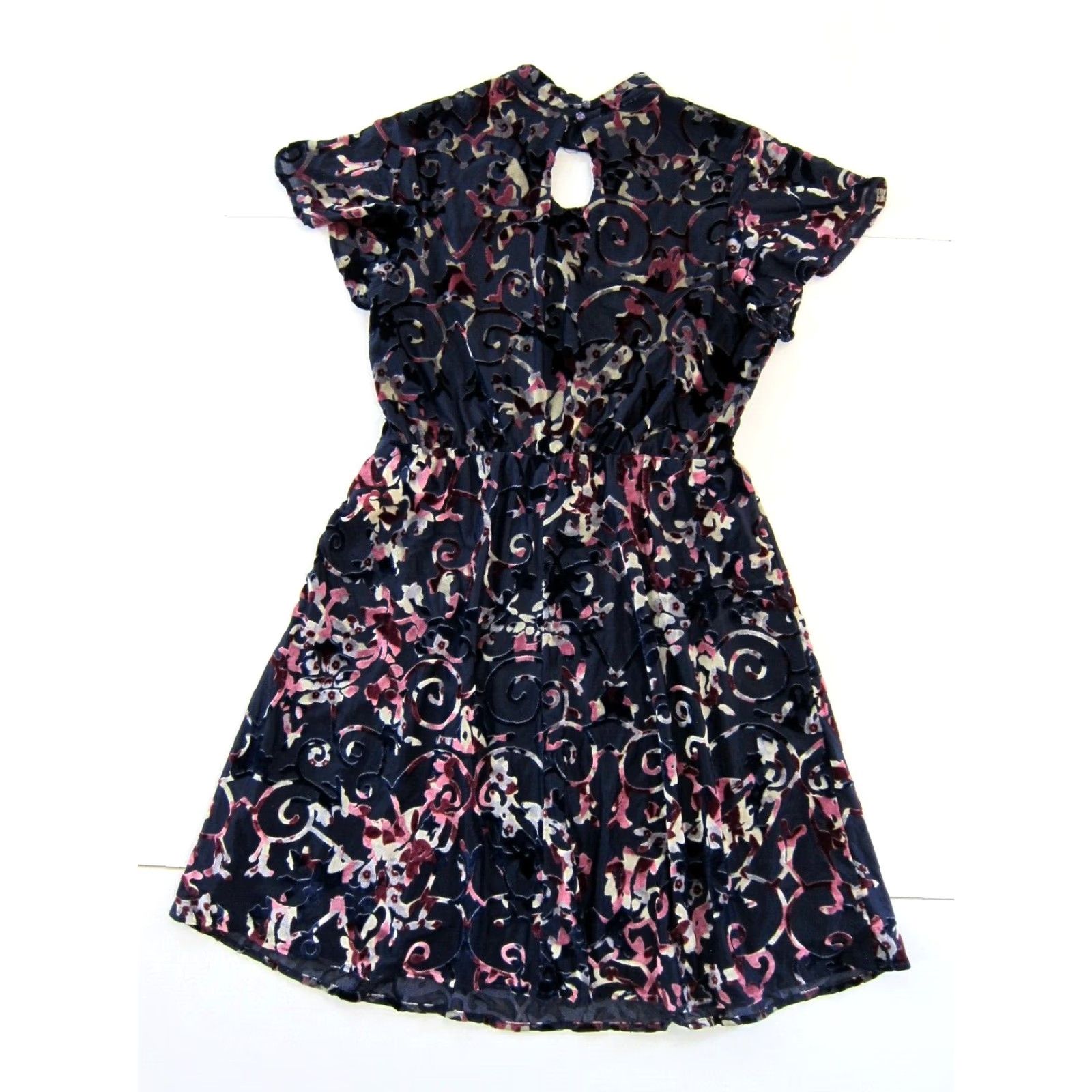 Vintage Bongo Blue Pink Floral Stretch Velvet High Neck Boho Sheath Empire Dress Small Women Short Sleeve Knee Length Size S / US 4 / IT 40 - 2 Thumbnail