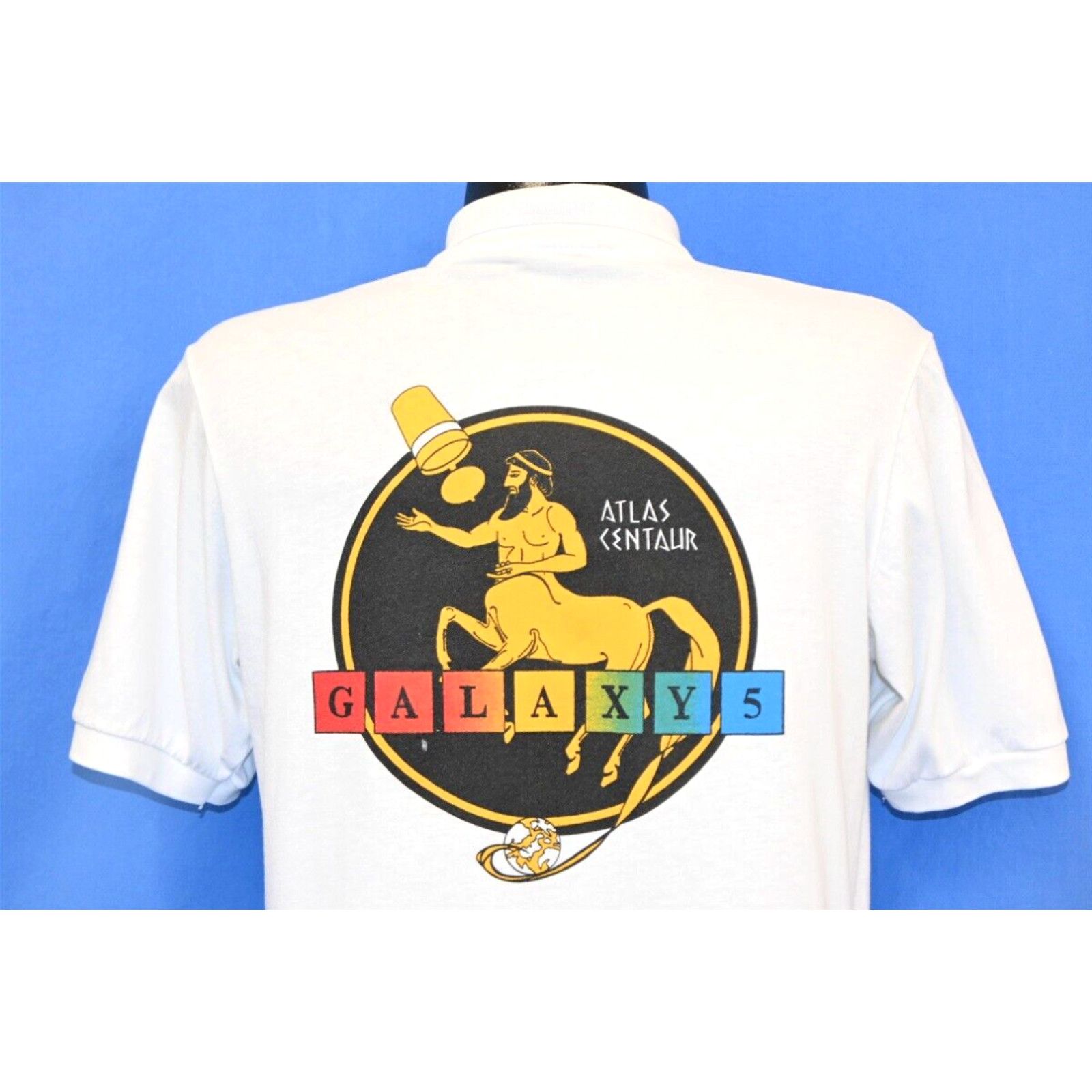 image of Vintage 90's Atlas-Centaur Galaxy5 Spaceflight Missile Nasa Polo Shirt Large L in White, Men's