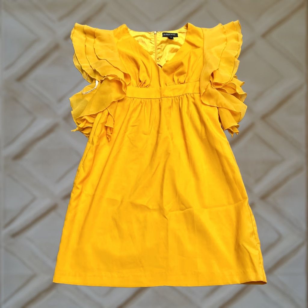 Vintage Rampage Flutter Ruffles Midi Sheath Dress Womens XS Yellow V-Neck Lined Size XS / US 0-2 / IT 36-38 - 1 Thumbnail