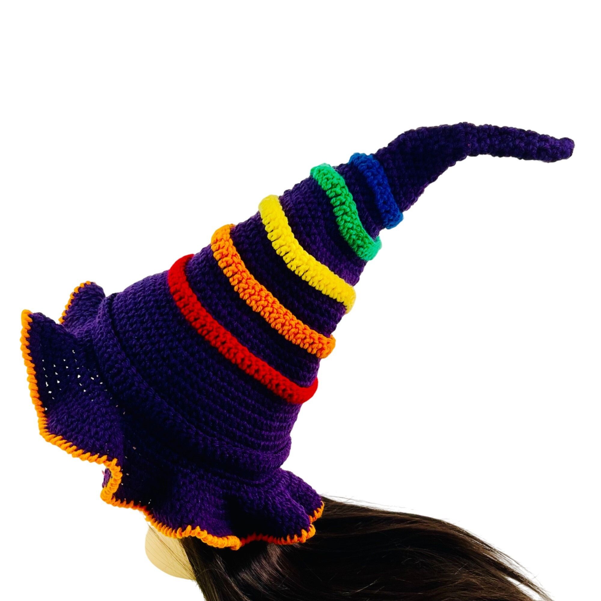 Handmade Crochet Witch Wizard Hat Handmade Purple Blue Orange Red Yel Size ONE SIZE - 2 Thumbnail