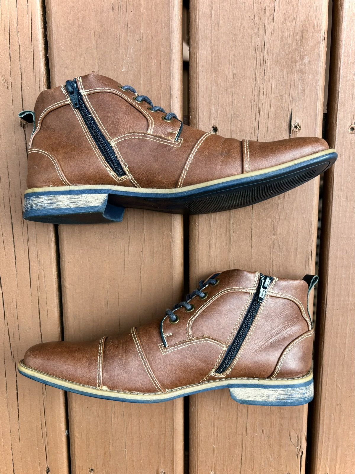 Apt. 9 × Designer Brown Leather Ankle Boots Apt 9 Cap Toe Zipper Cognac & Navy Size US 8 / EU 41 - 5 Thumbnail