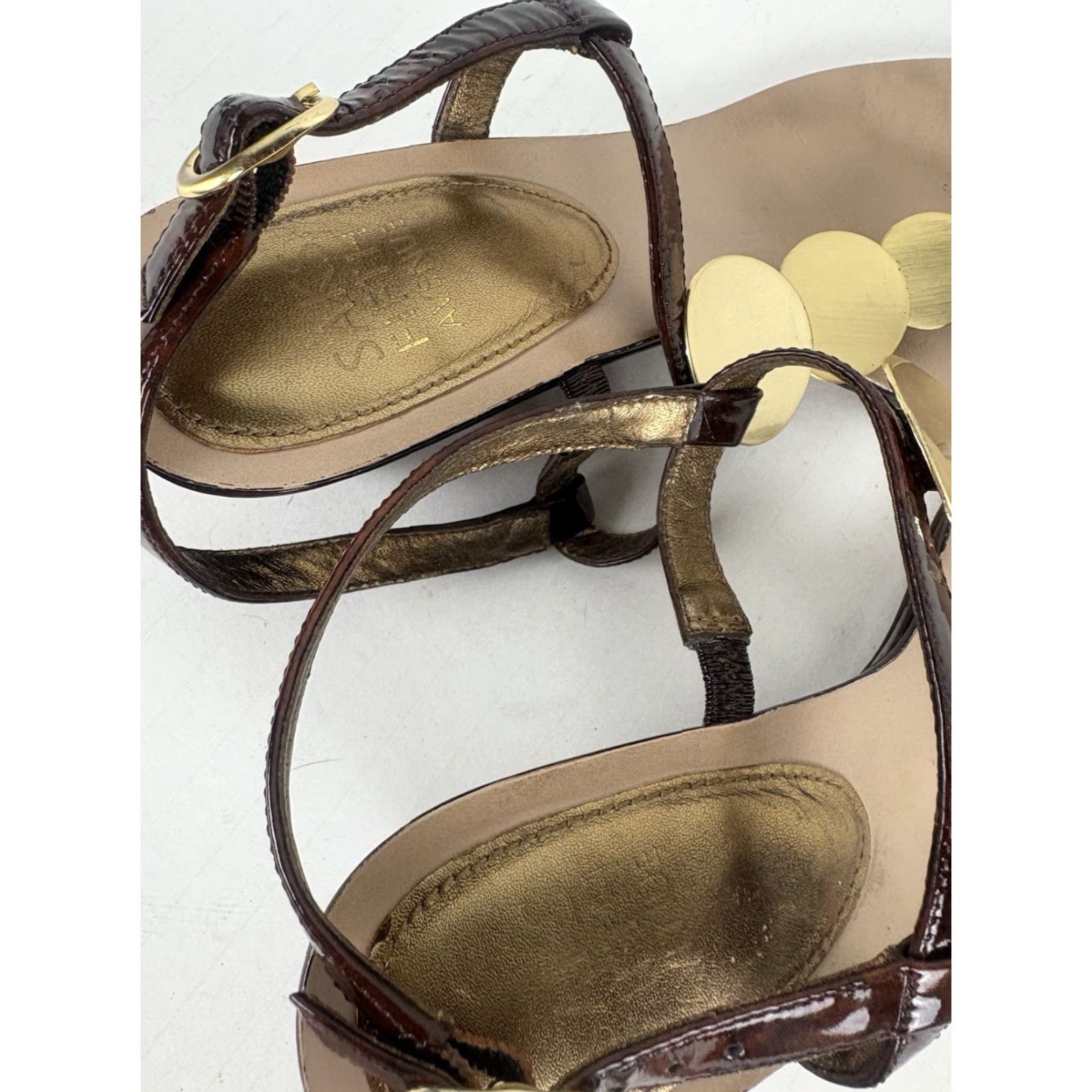 Saks Fifth Avenue Saks Fifth Avenue Leather Wedge Sandals Womens Size 8M Brown Glossy Strappy Spring Summer Size US 8 / IT 38 - 3 Thumbnail