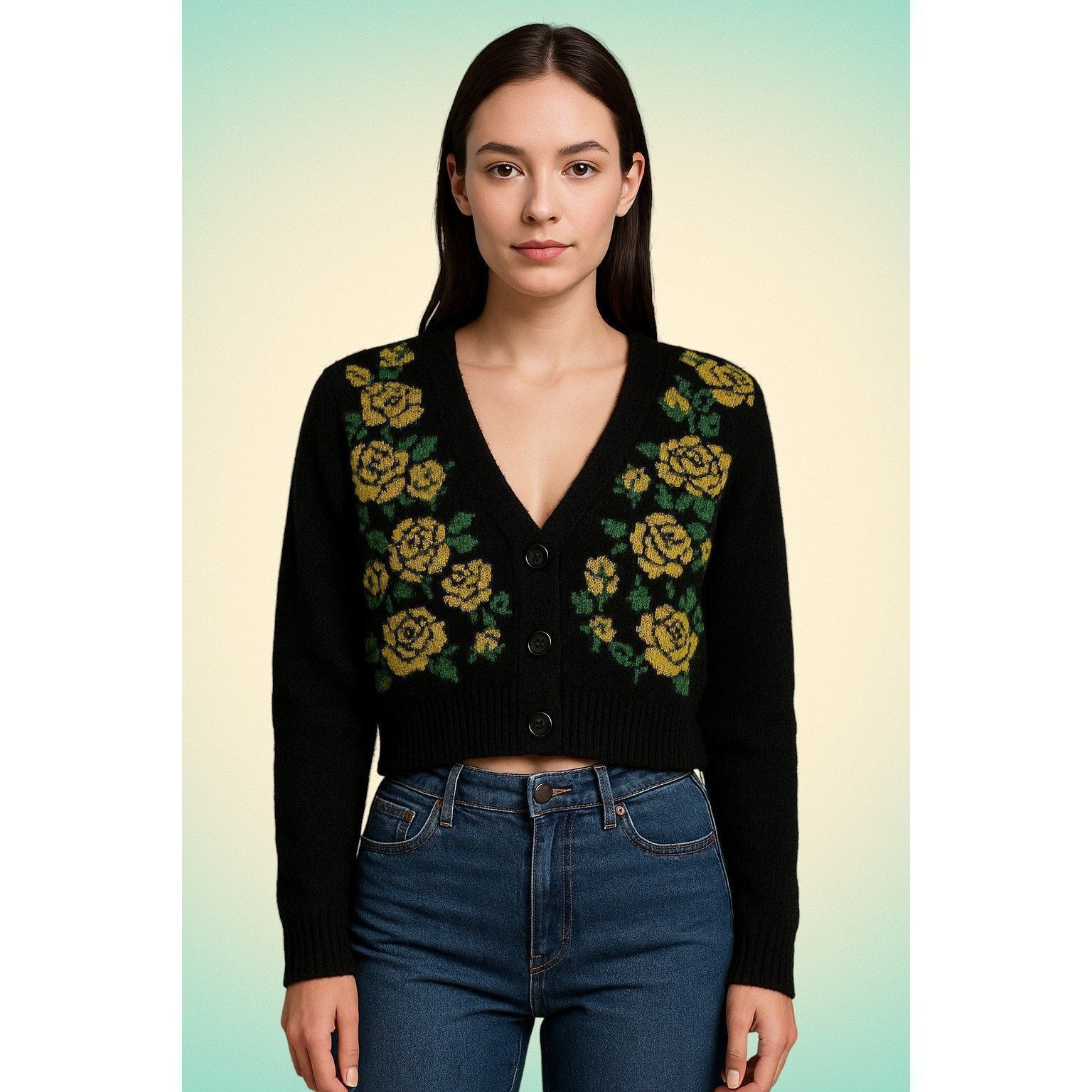 Forever 21 Grunge Floral Cropped Y2K Knit Cardigan Black Yellow Rose Size S / US 4 / IT 40 - 1 Thumbnail