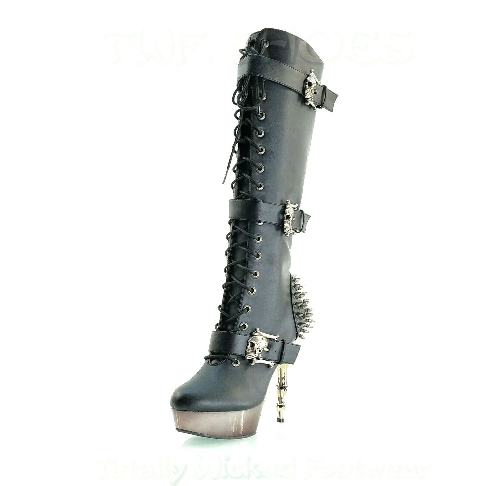 Demonia Cult DEMONIA Muerto Chrome Bone High Heel Spiked Skull Buckle Lac Size US 7 / IT 37 - 4 Thumbnail
