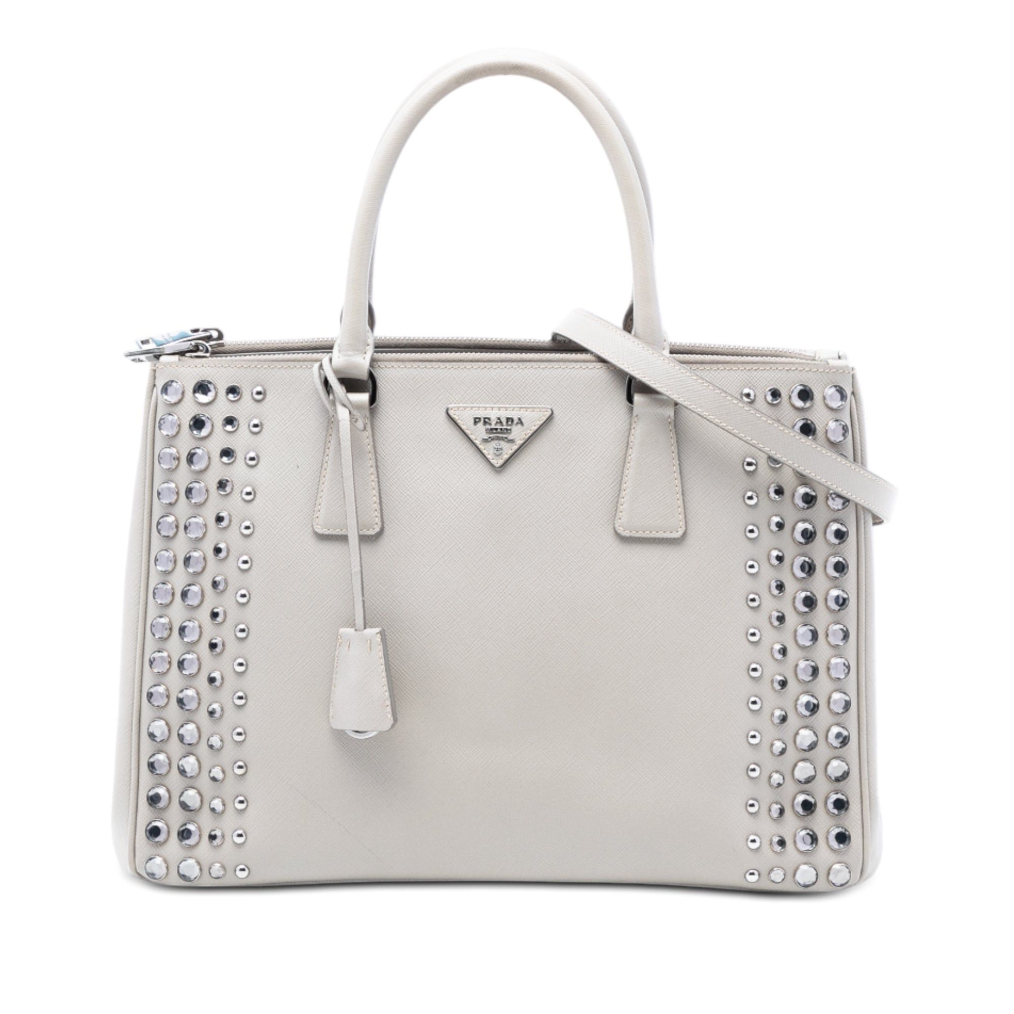 Prada Medium Saffiano Lux Studded Crystal Galleria Double Zip Satchel in Grey, Women's
