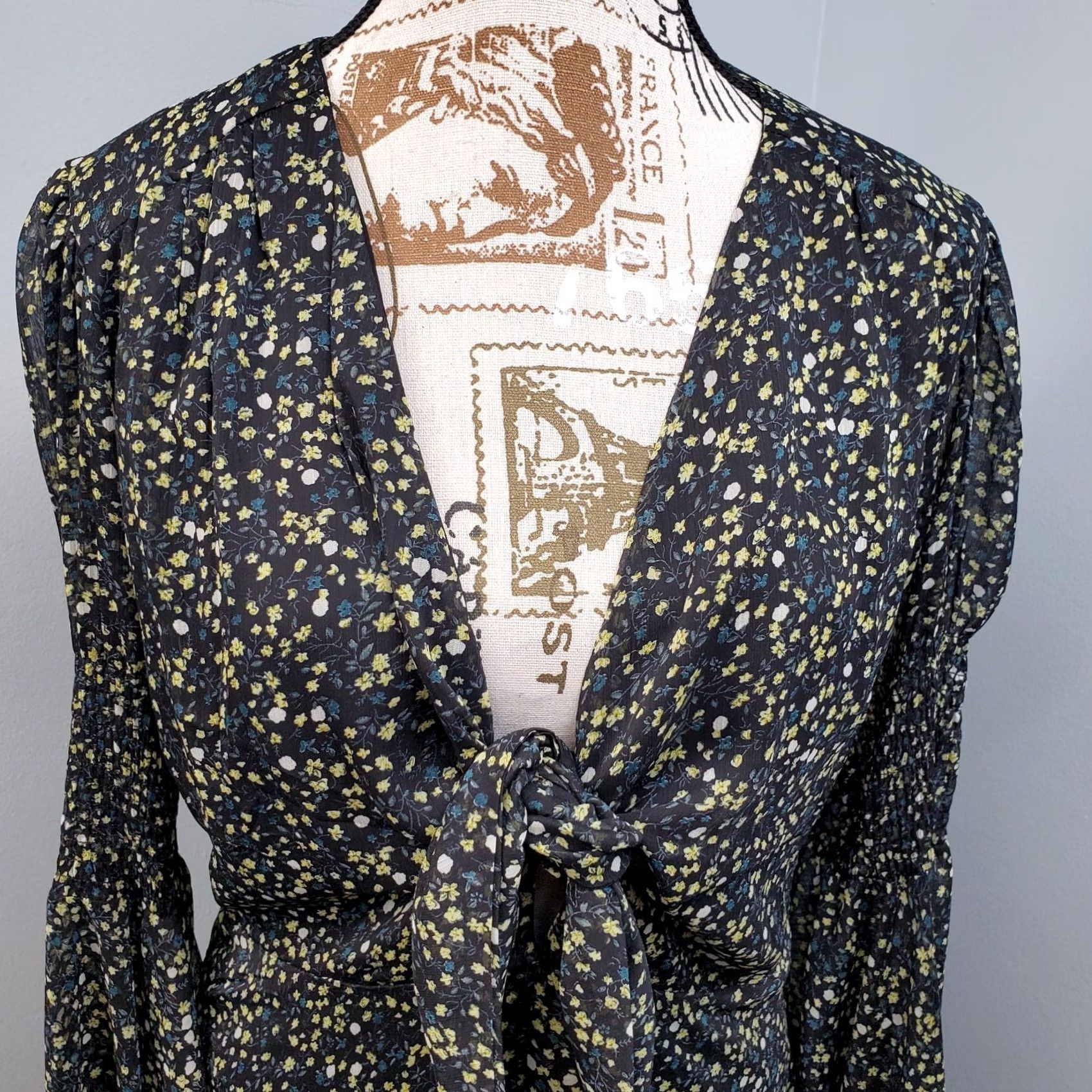 Coach ACOA Dress Womens L Multi Floral Boho Chiffon Bell Sleeve Tie Front Side Zip Dress Gowns Women Size L Size L / US 10 / IT 46 - 6 Thumbnail
