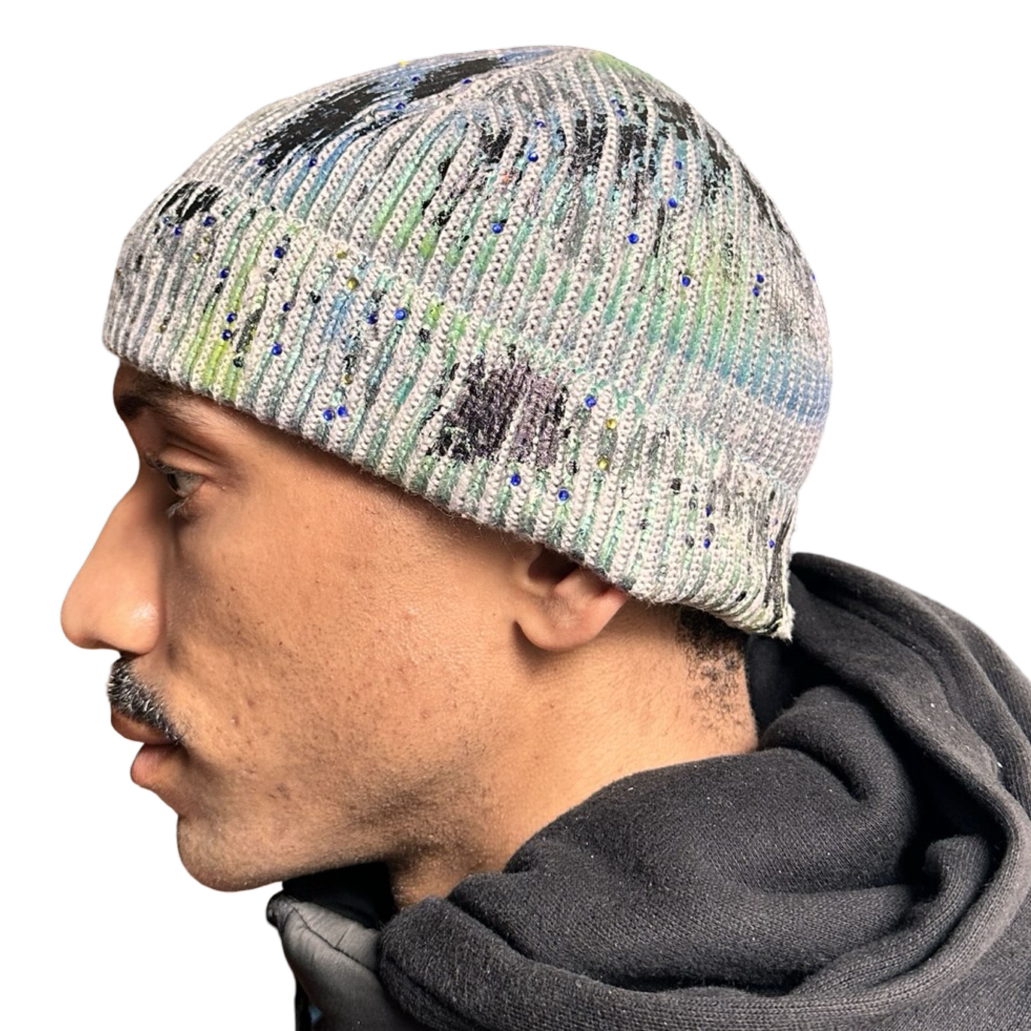 ASTROBOI* Deep Ocean Blue Green Iridescent Rhinestone Beanie
