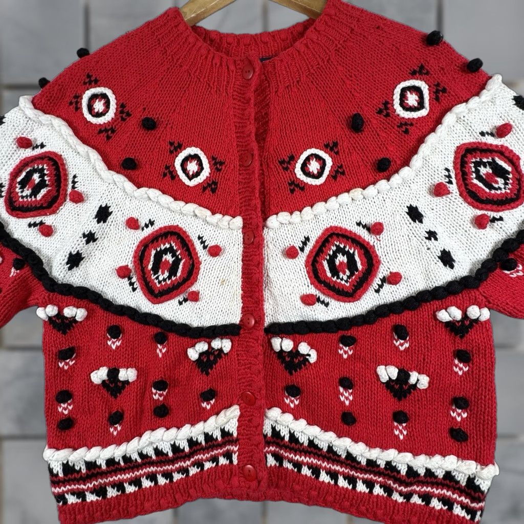 Vintage VINTAGE Birch Bros Cardigan Sweater Women M Black White Red Chunky Knit Fair Isle Open Oversized Button Collarless 90s Mens Womens Girls Boys Size M / US 6-8 / IT 42-44 - 1 Thumbnail