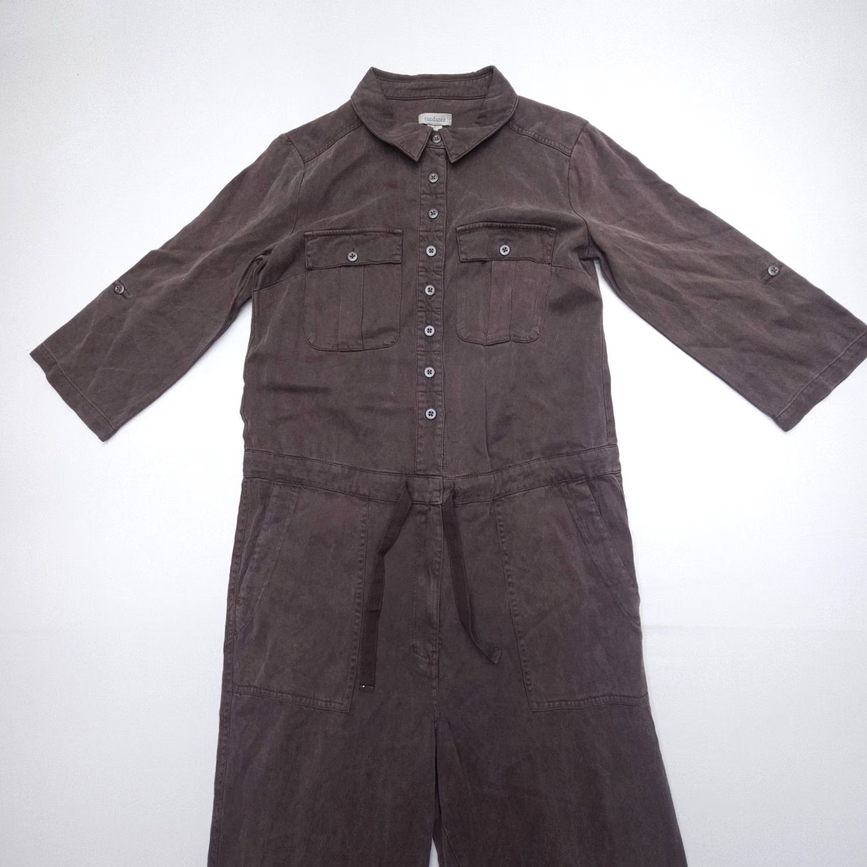 Vintage Sundance Jumpsuit Womens Small Brown Coveralls Twill Lyocell Viscose Roll Tab Sleeve 3/4 Swing Bohemian Hippie Outdoor Casual Travel Pockets Size 28" / US 6 / IT 42 - 3 Thumbnail